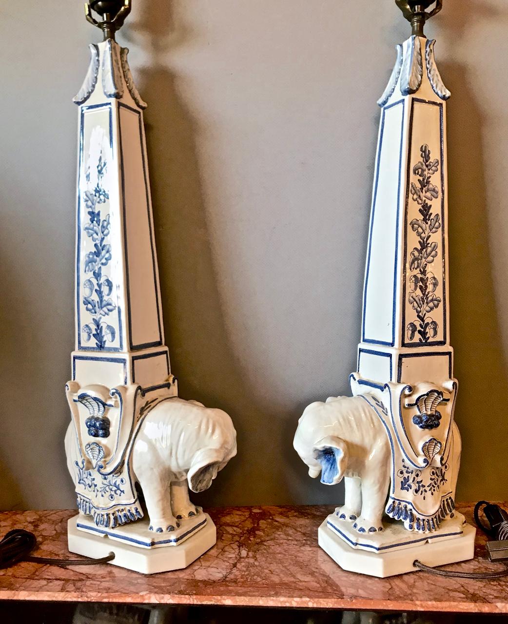 Pottery Pair of Elephant Obelisk Lamps, circa 1960s