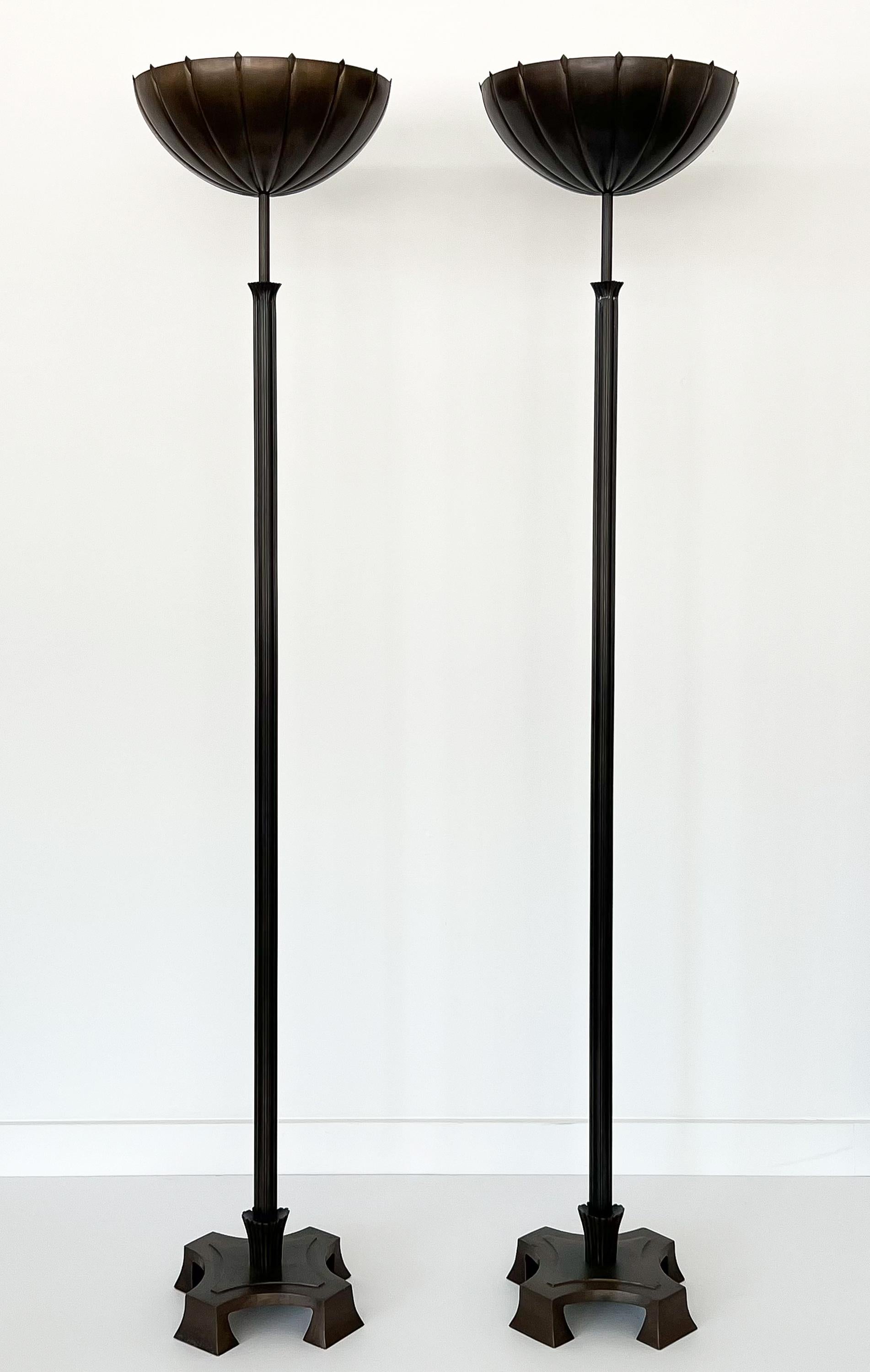 Art Deco Pair Eliel Saarinen Sculptural Bronze Tochere Floor Lamps