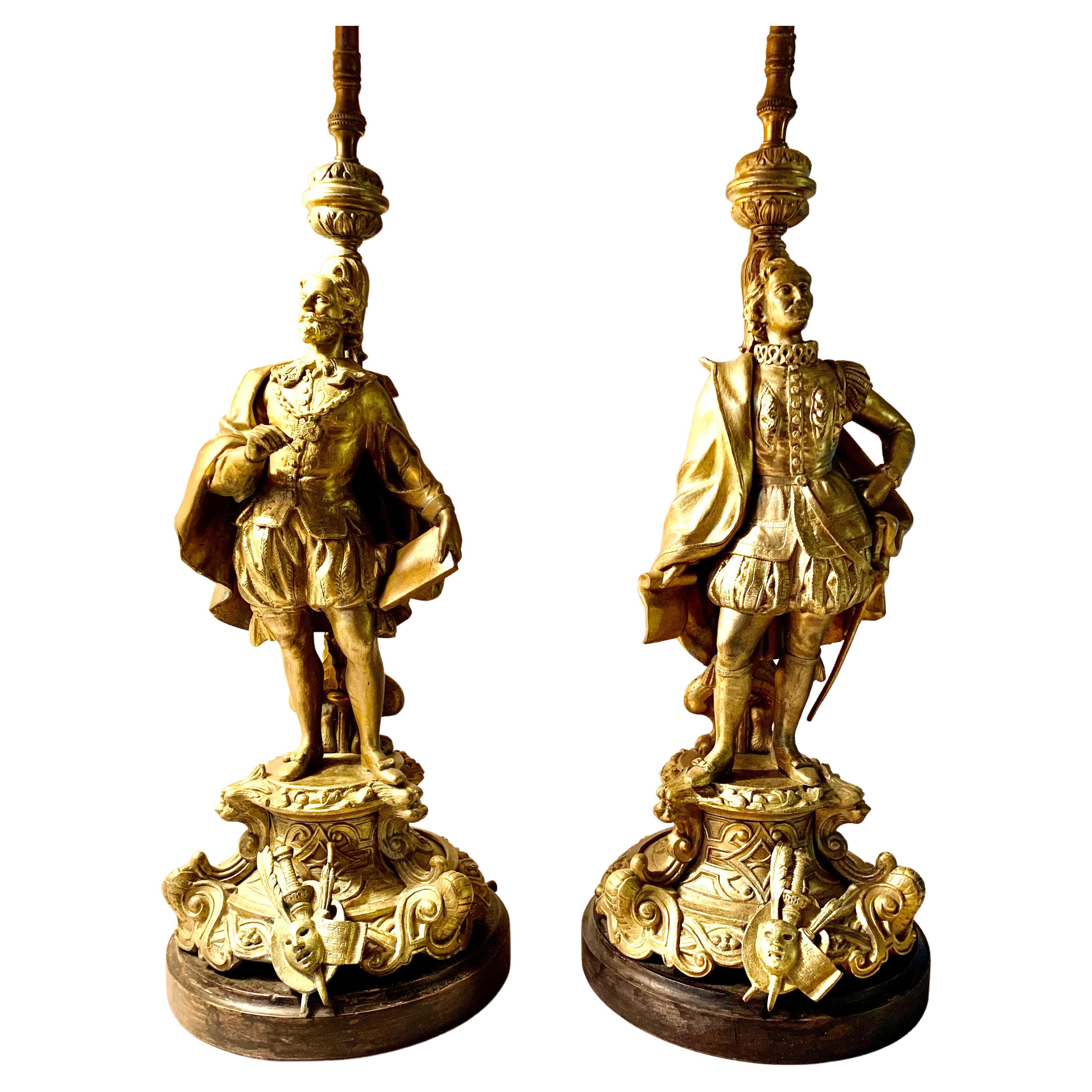 Pair Elizabethan William Shakespeare Christopher Marlowe Figural Table Lamps For Sale