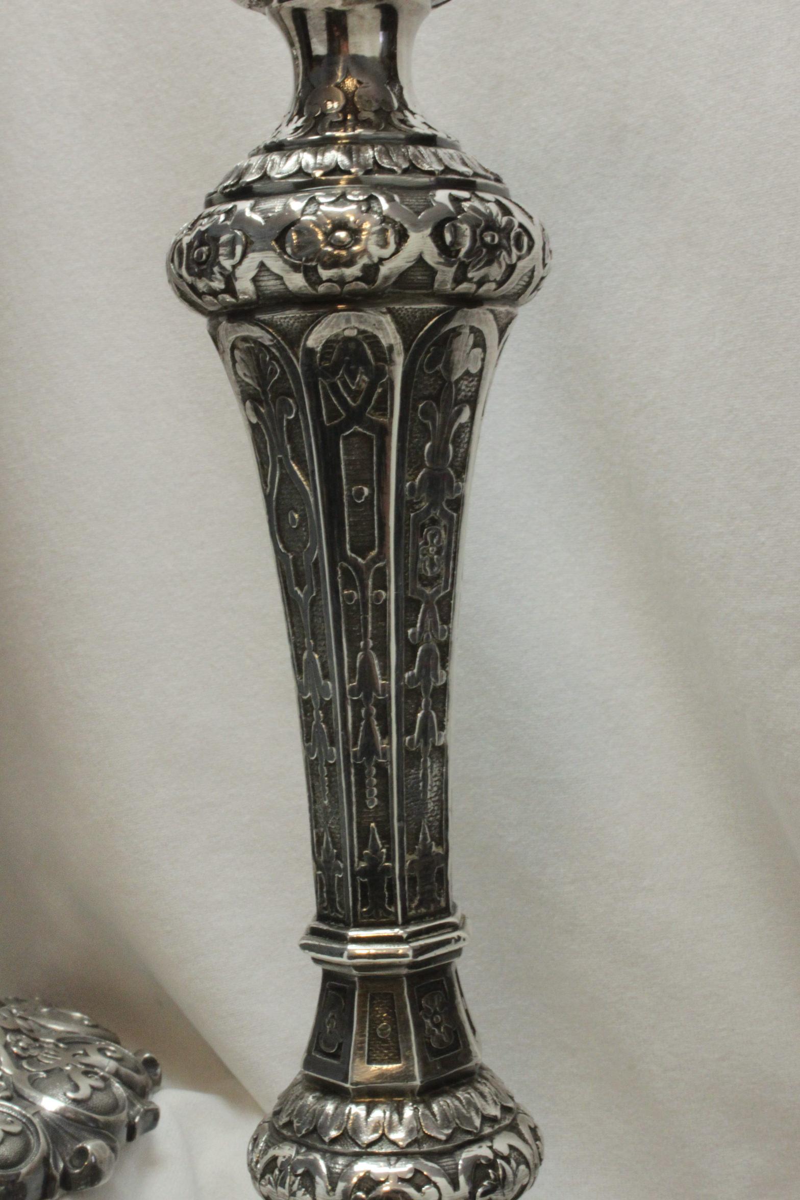 Gothic Revival Pair of Elkington Silverplated Candlesticks 1858 For Sale