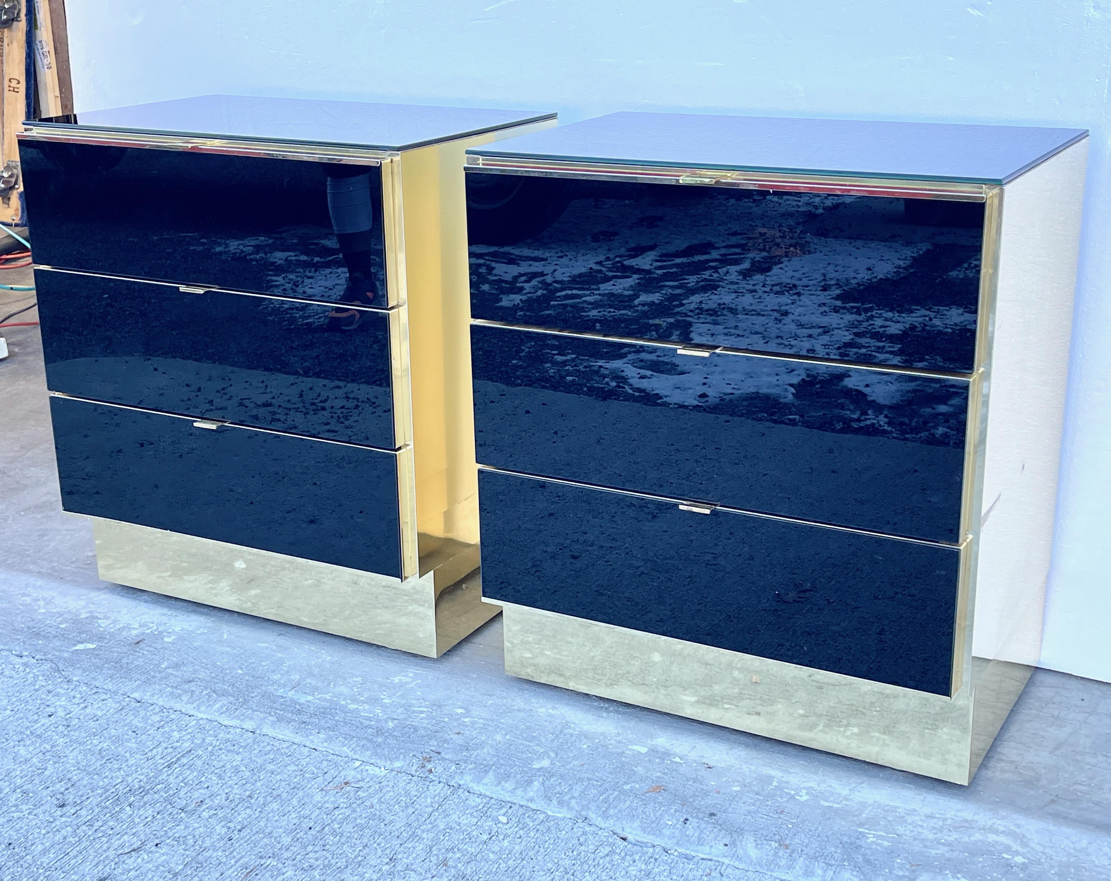 Hollywood Regency Pair Ello Brass and Black Glass Three Drawer Chests