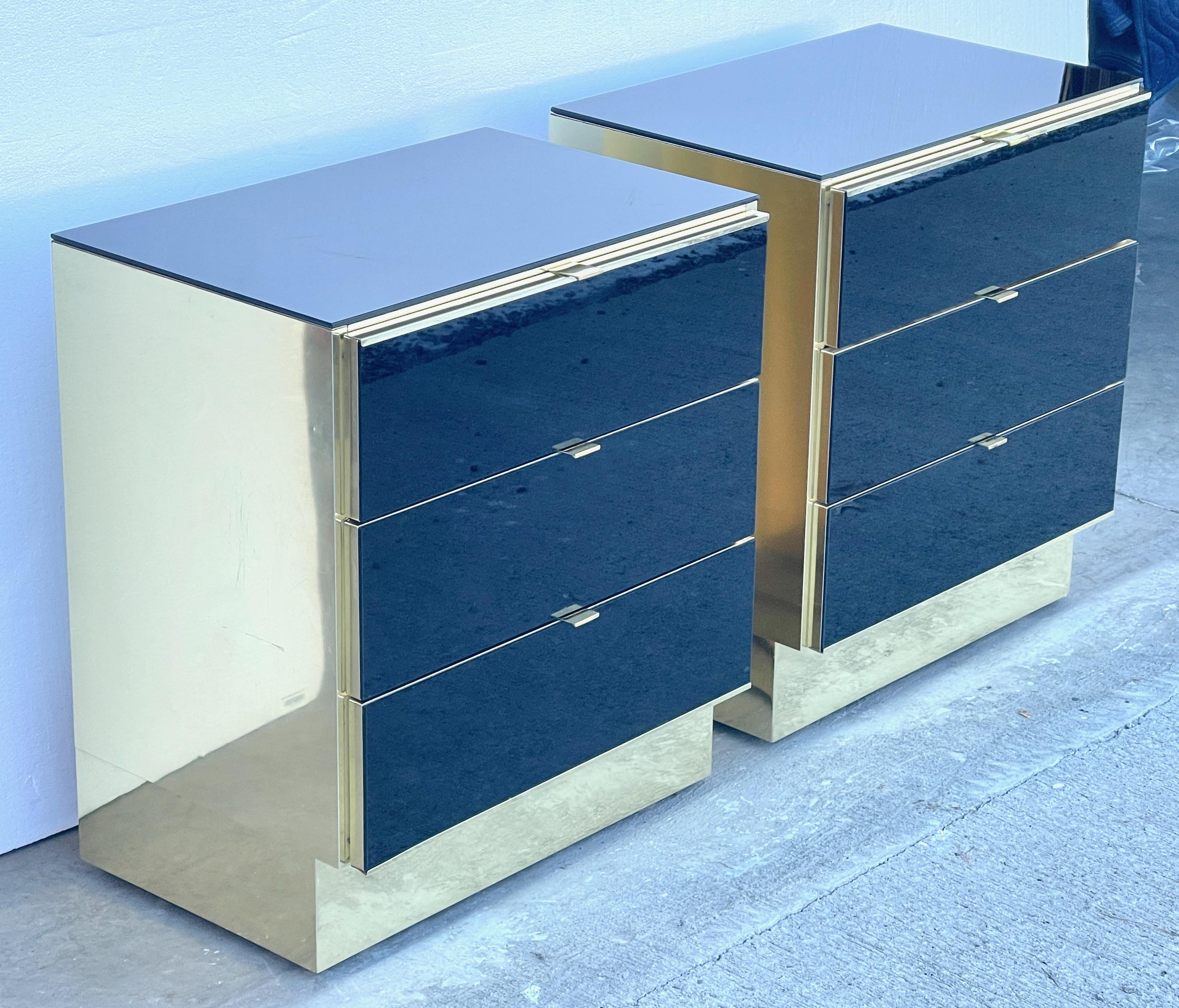 American Pair Ello Brass and Black Glass Three Drawer Chests