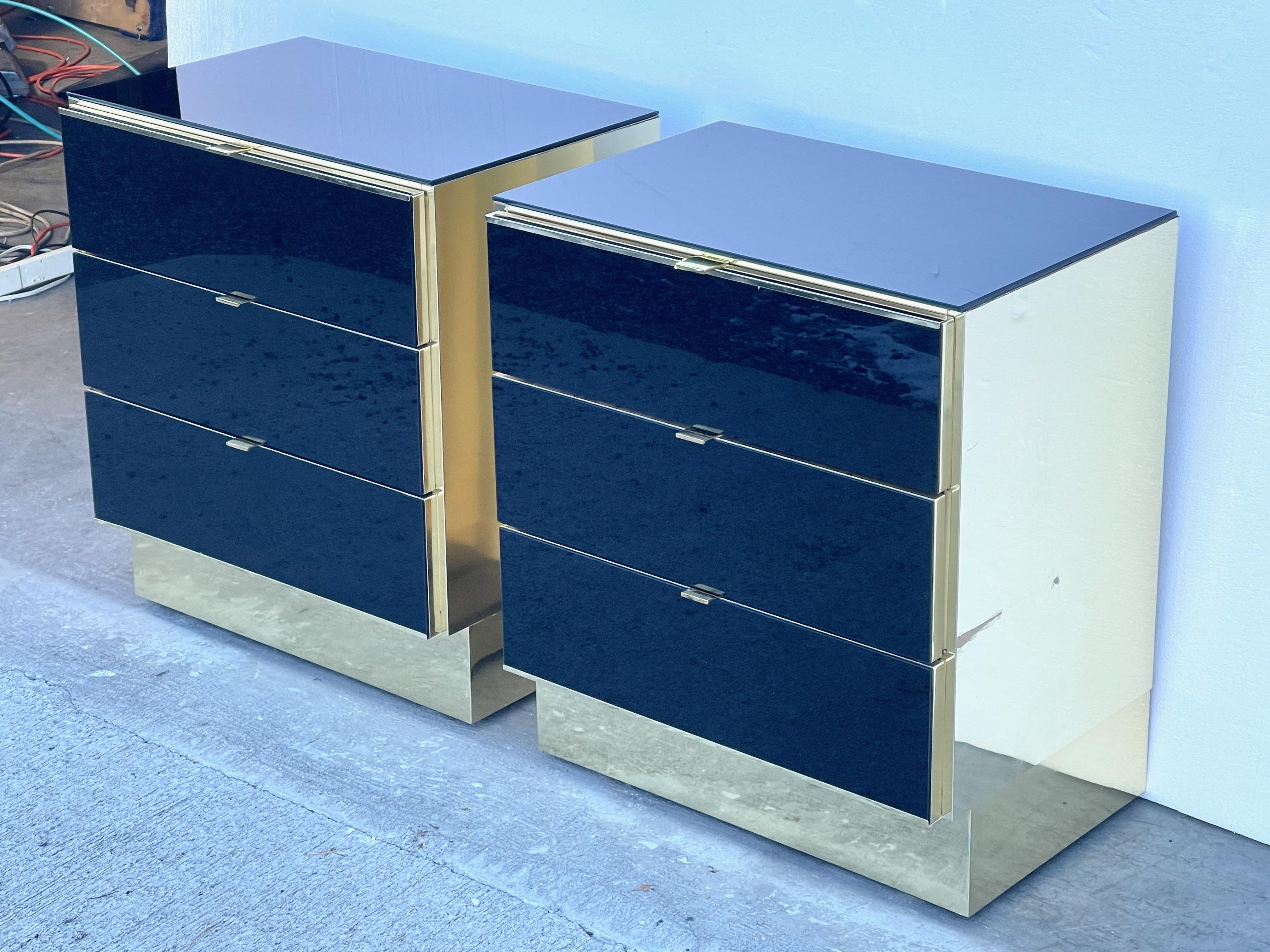 Anodized Pair Ello Brass and Black Glass Three Drawer Chests