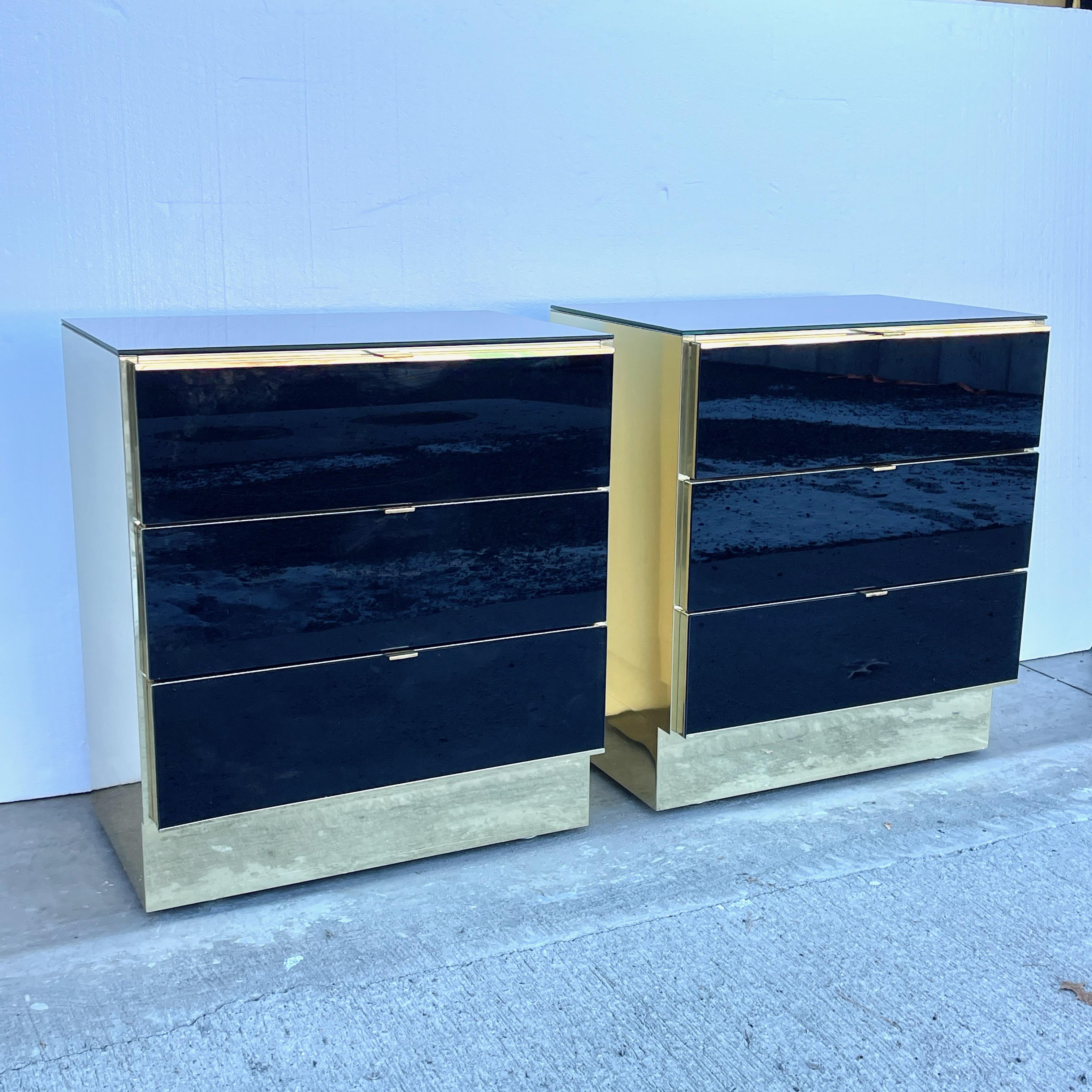 Pair Ello Brass and Black Glass Three Drawer Chests In Good Condition In Hanover, MA