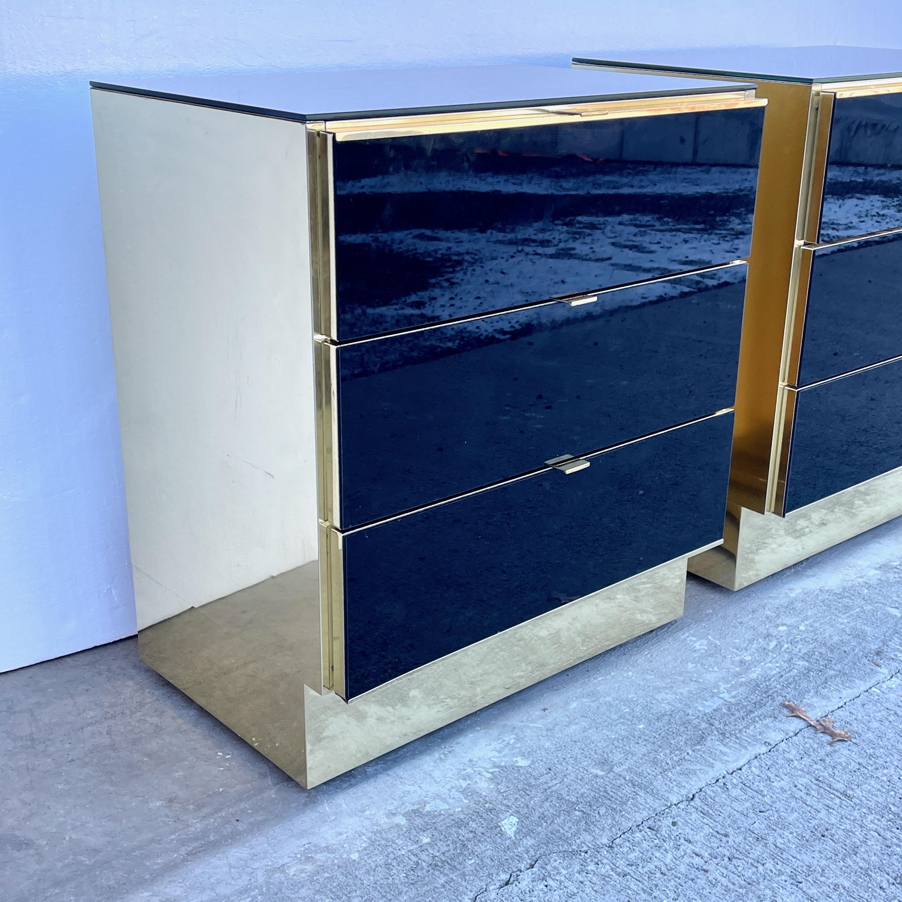 Late 20th Century Pair Ello Brass and Black Glass Three Drawer Chests