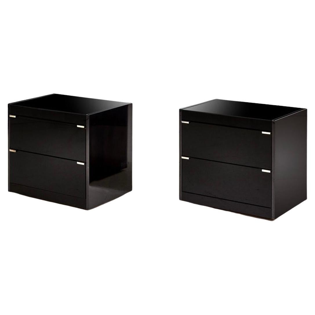 Pair Ello Nightstands Black Glass and Brass, 1970 For Sale