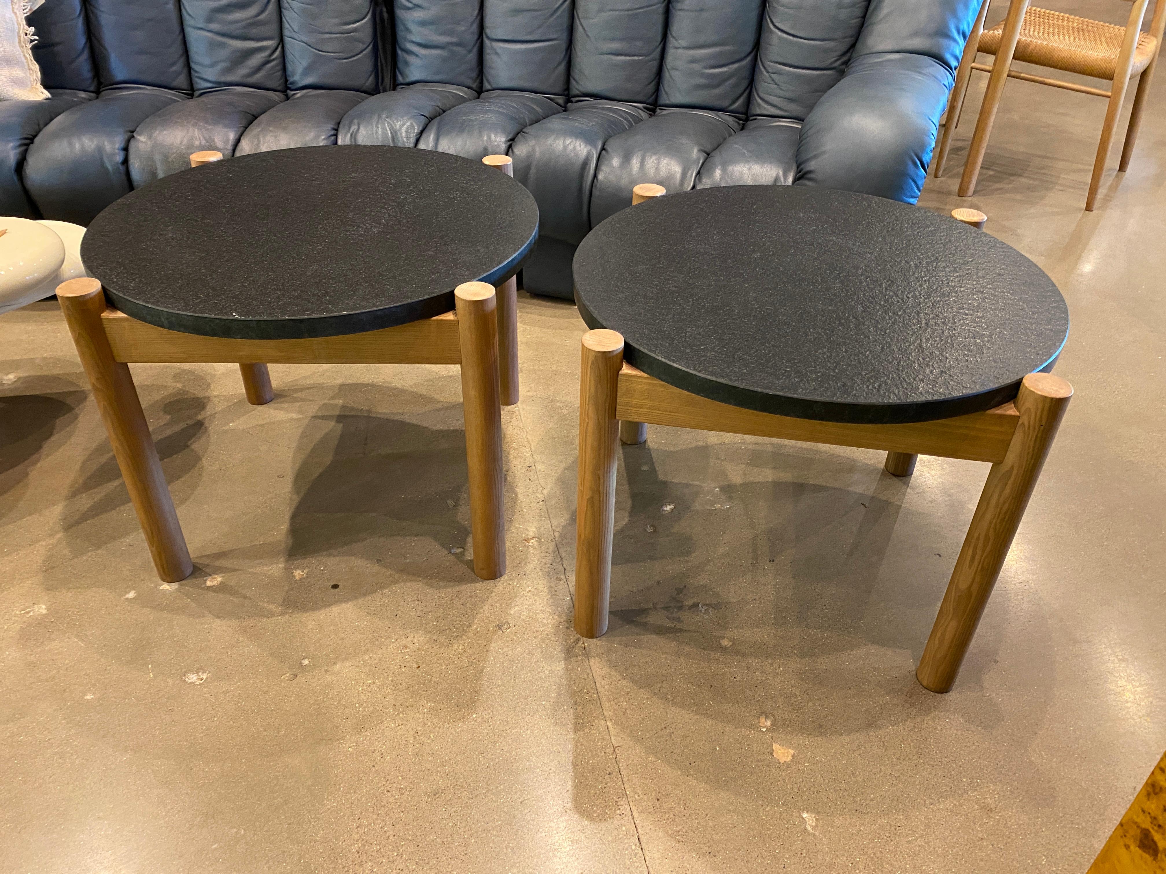 Mid-Century Modern Pair of Elm and Black Stone Side Tables, by Robert Sentou, France, 1968
