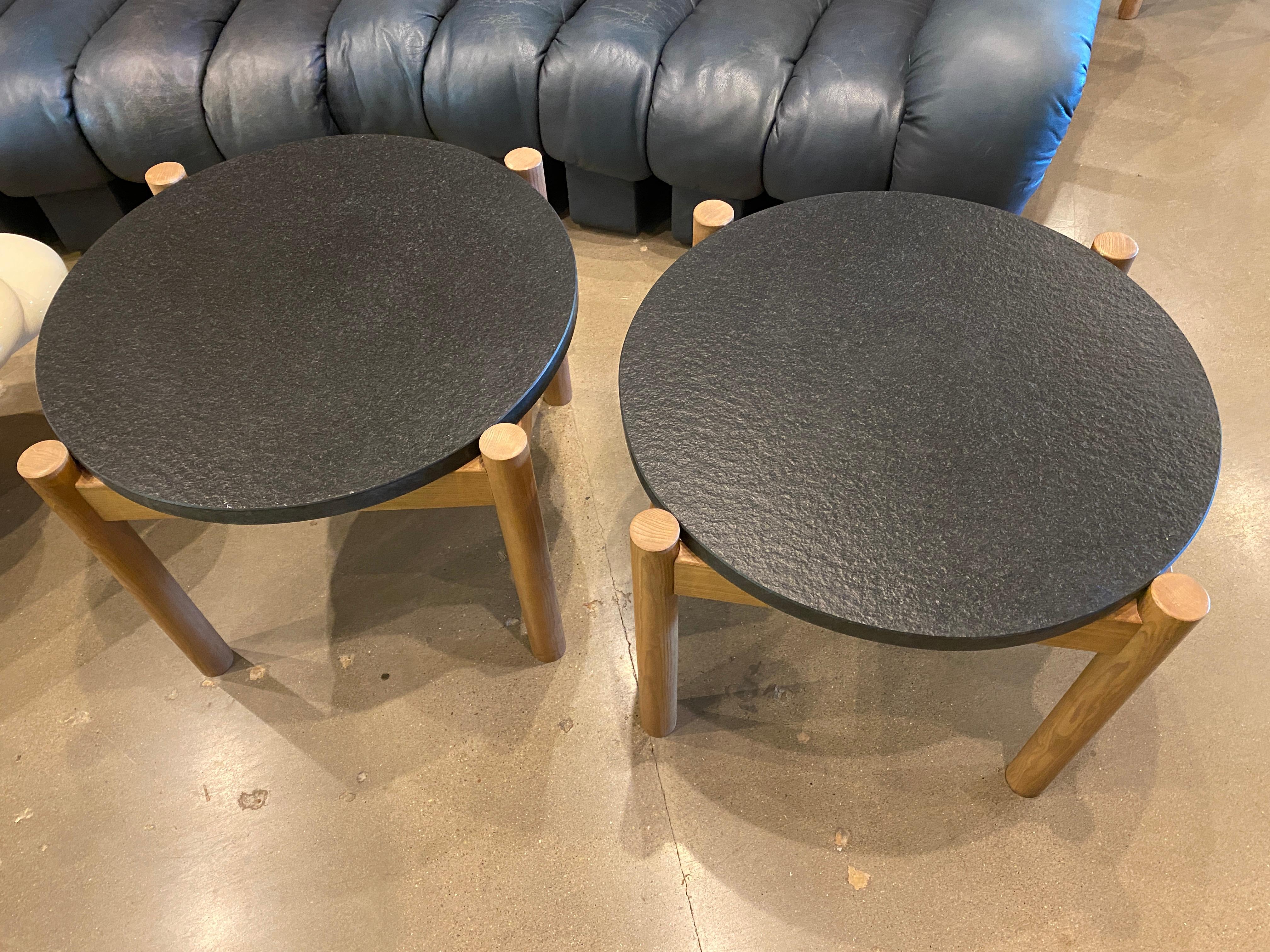 French Pair of Elm and Black Stone Side Tables, by Robert Sentou, France, 1968
