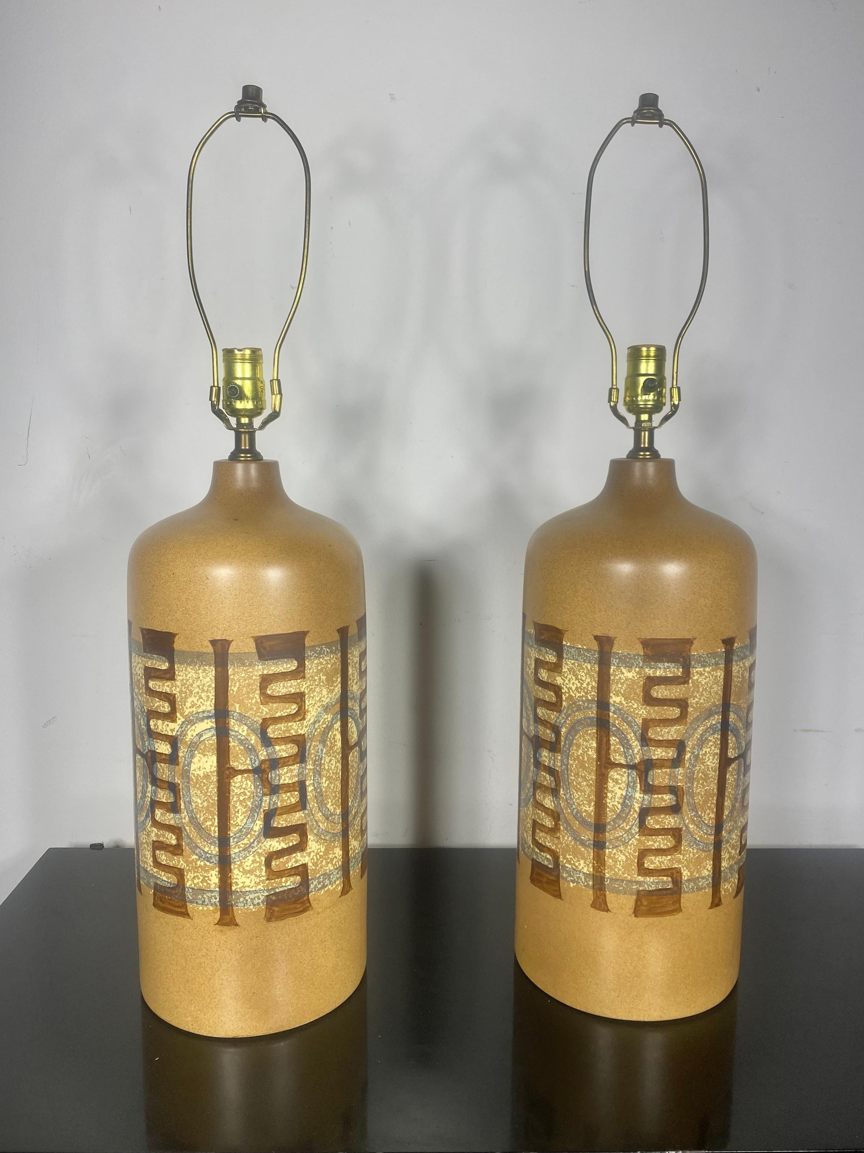 Pair Elspeth Cohen for Lapid Pottery Patterned Mustard Table Lamps, 1960s In Excellent Condition For Sale In Buffalo, NY