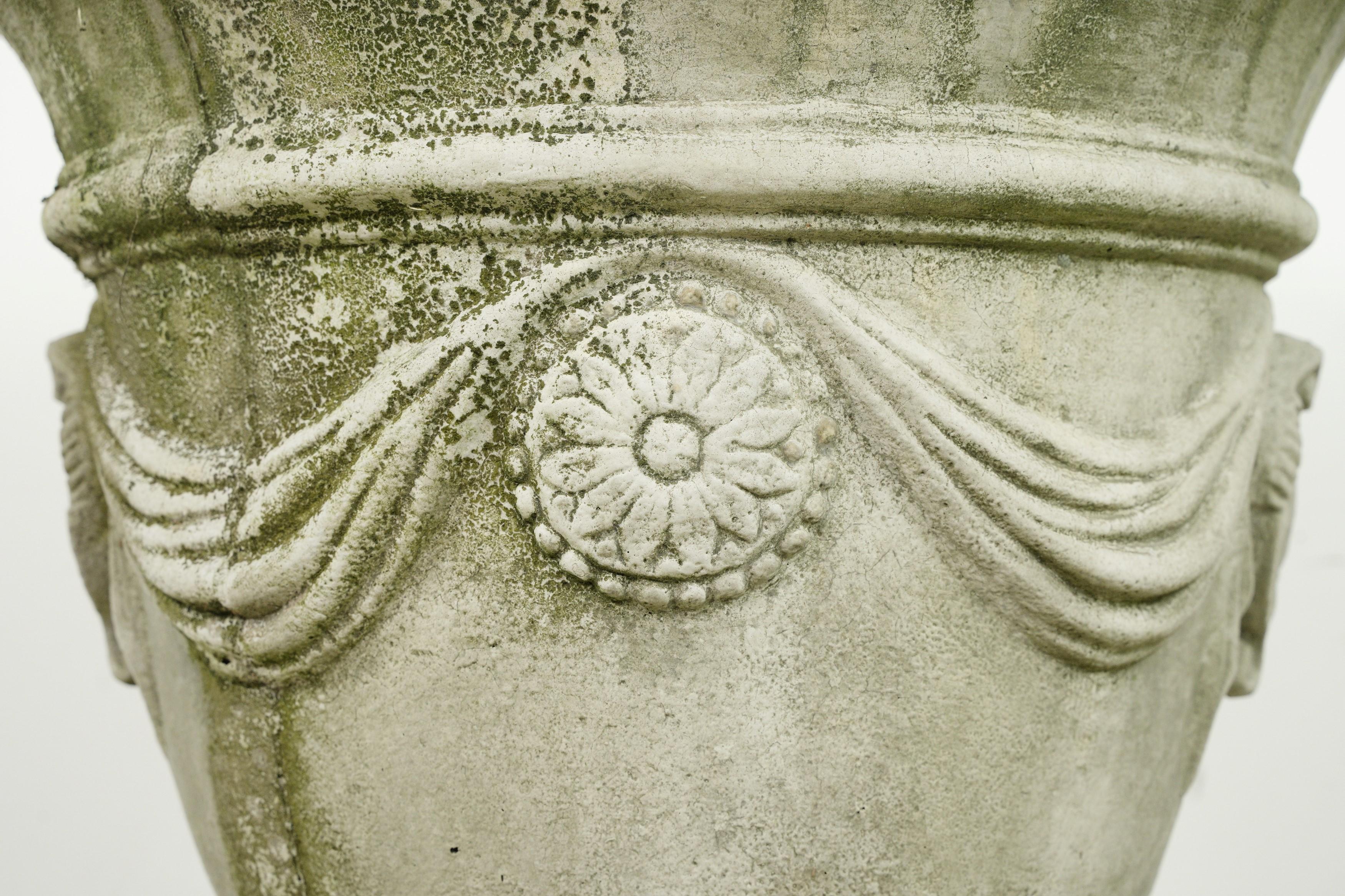 Pair Emblem w Draperies Concrete Garden Urn Planters 5