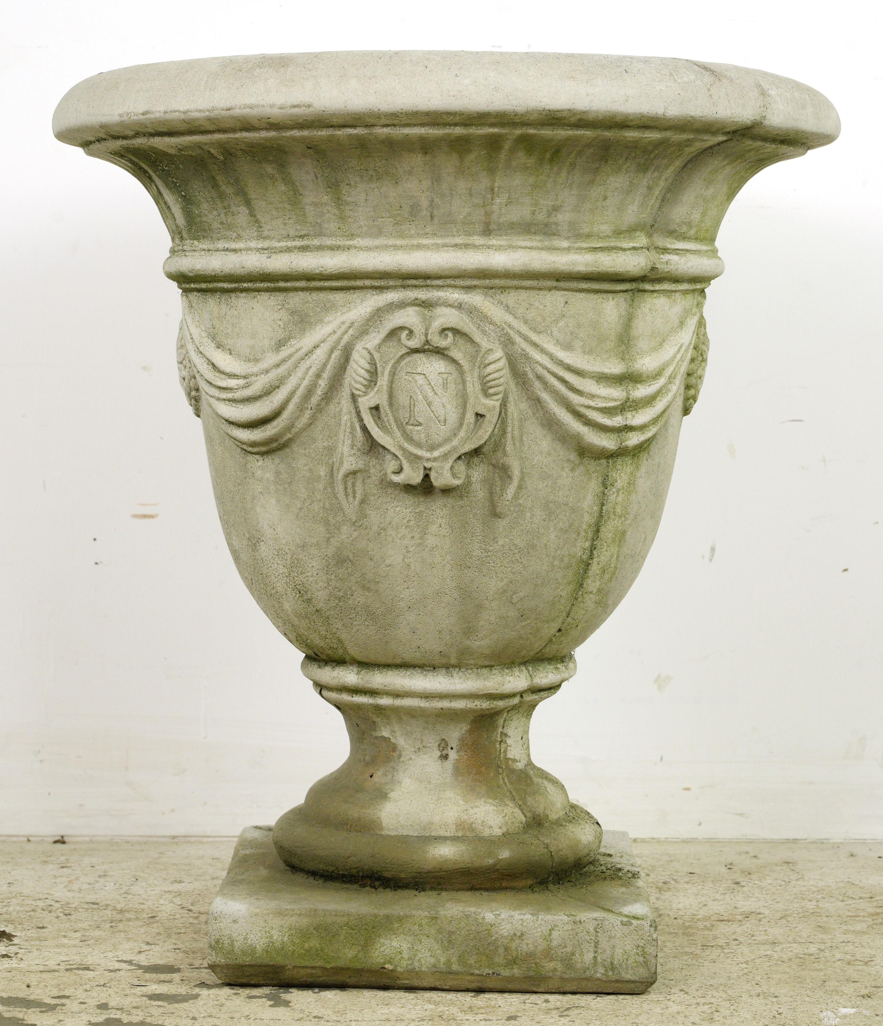 Pair Emblem w Draperies Concrete Garden Urn Planters For Sale 8