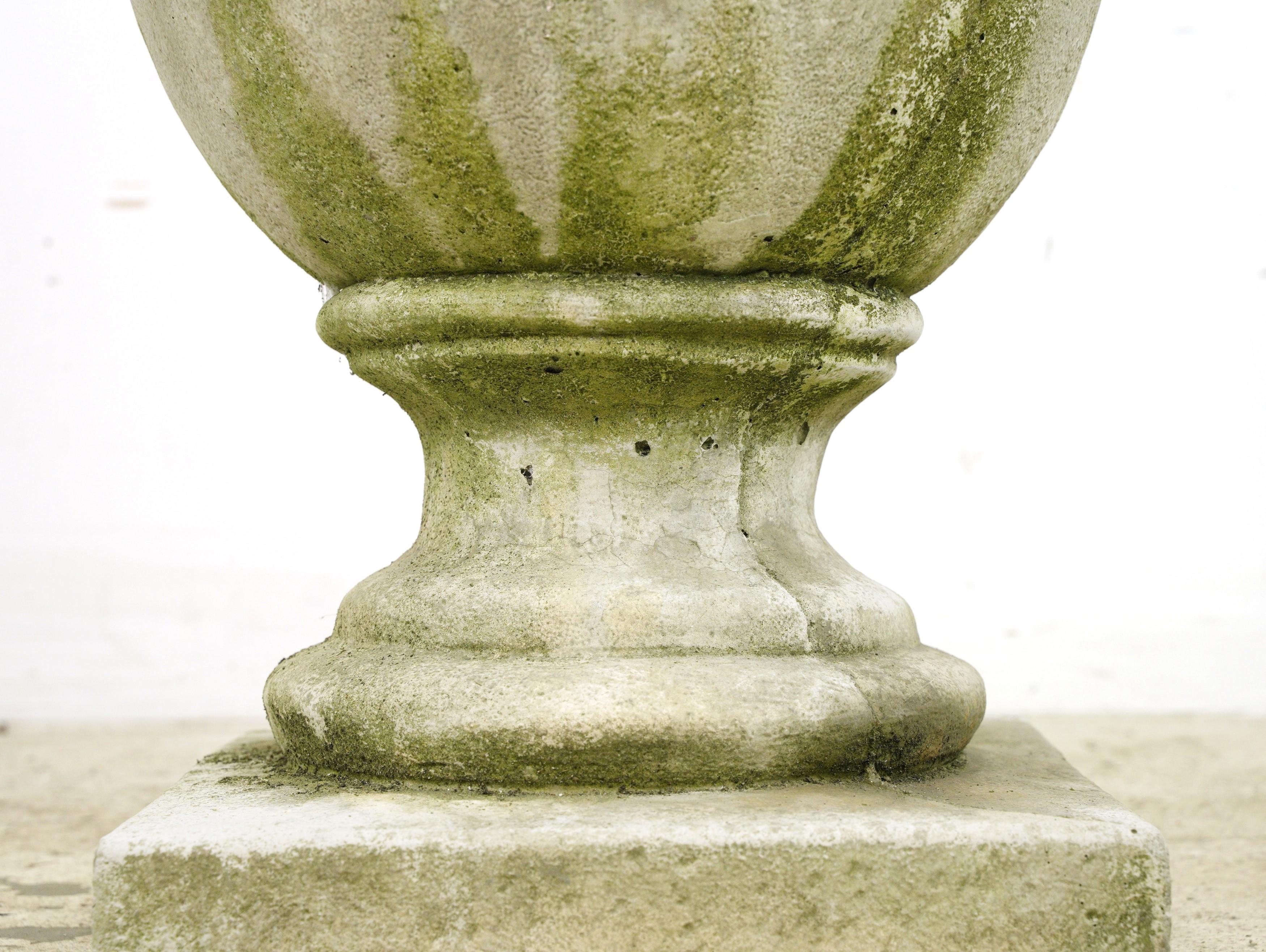 Contemporary Pair Emblem w Draperies Concrete Garden Urn Planters For Sale