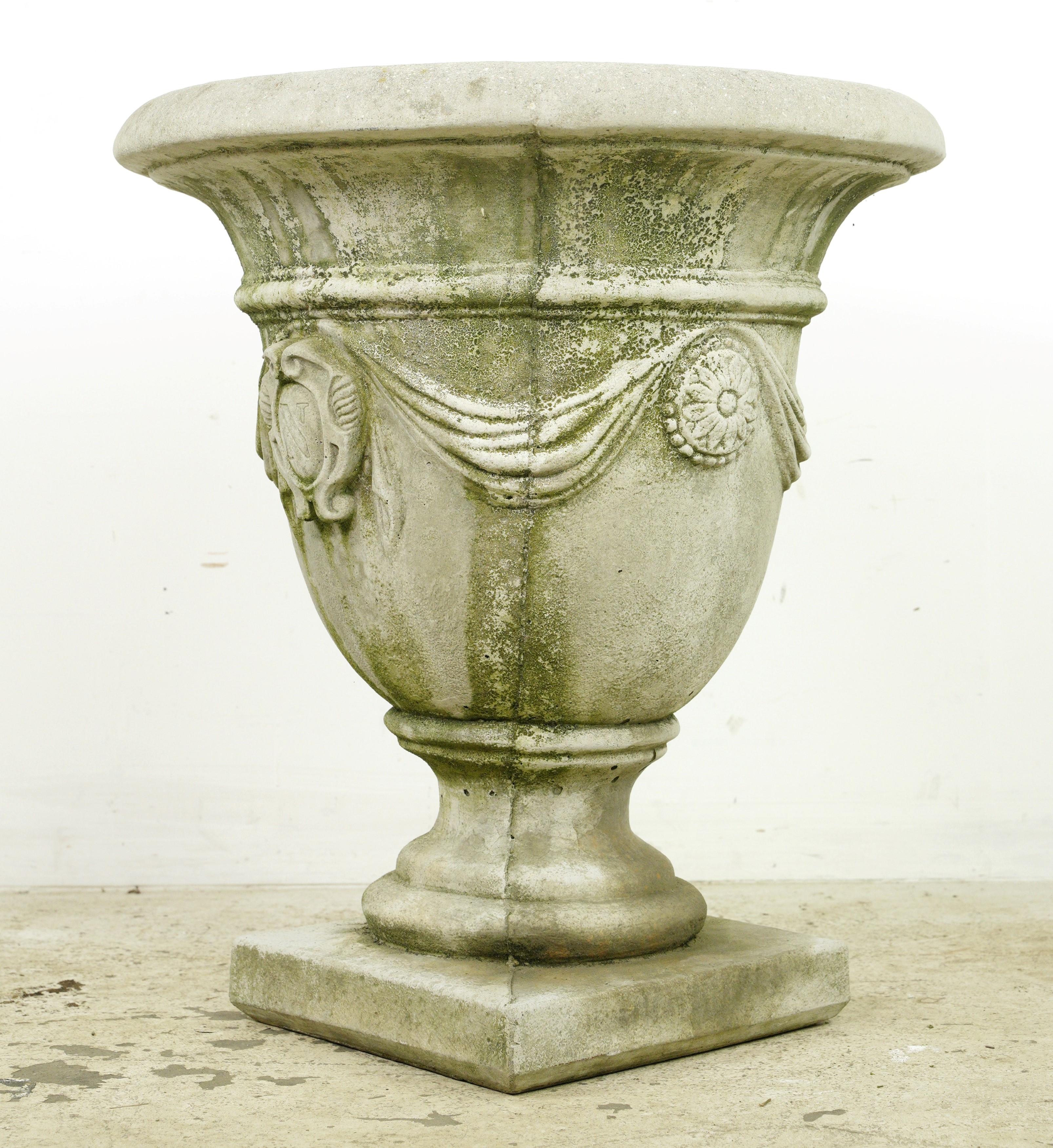 Pair Emblem w Draperies Concrete Garden Urn Planters For Sale 3