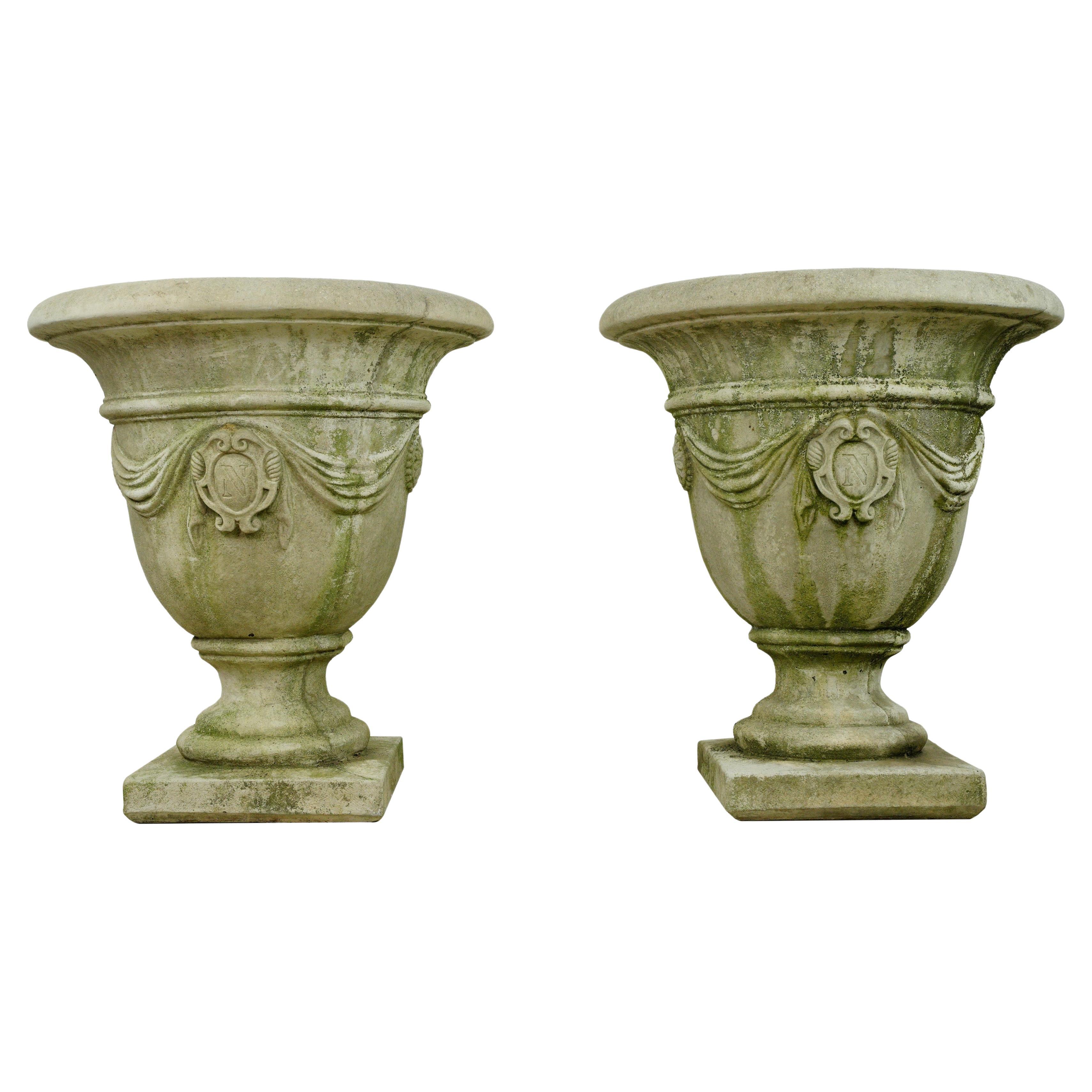 Pair Emblem w Draperies Concrete Garden Urn Planters For Sale