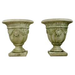 Used Pair Emblem w Draperies Concrete Garden Urn Planters
