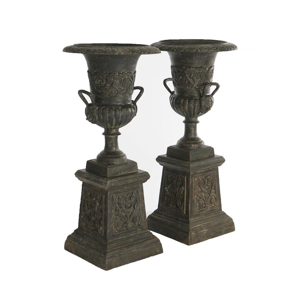 Classical Greek Pair Embossed Cast Iron Classical Double Handled Garden Urns on Plinths, 20th C