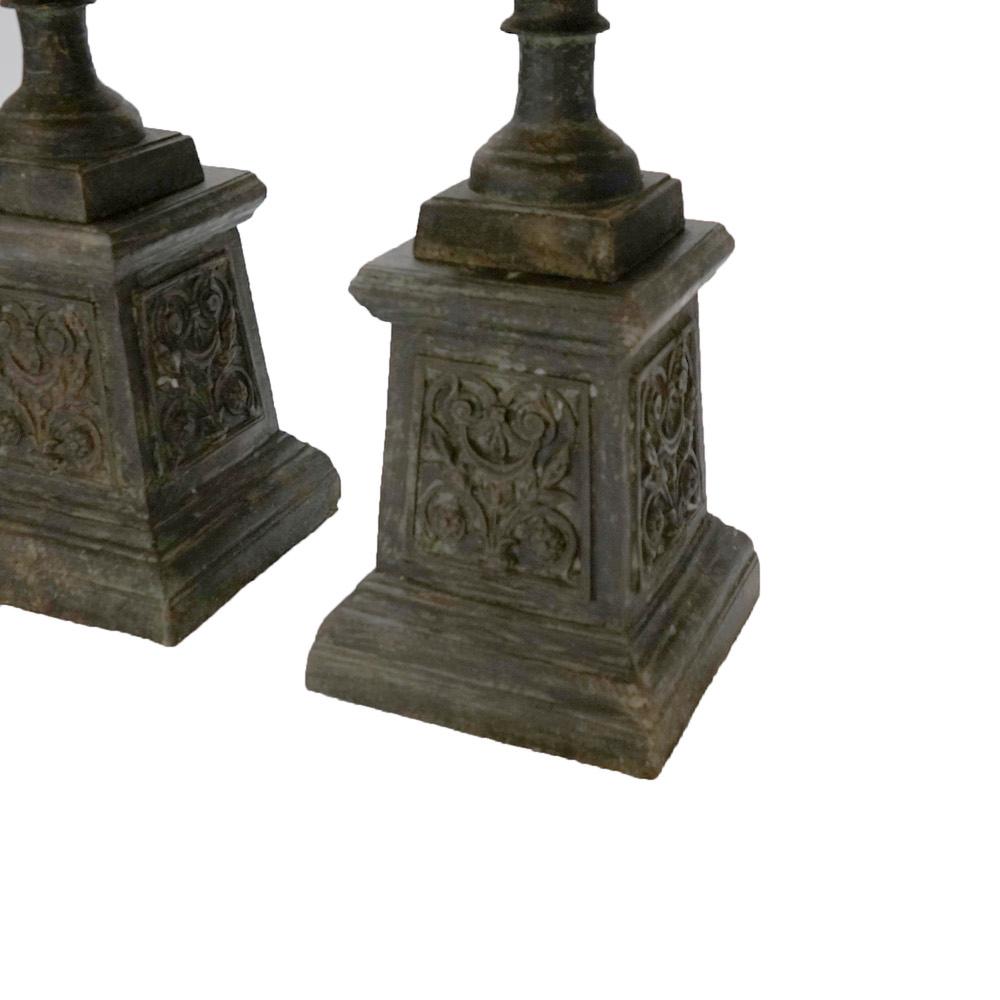 Pair Embossed Cast Iron Classical Double Handled Garden Urns on Plinths, 20th C 1