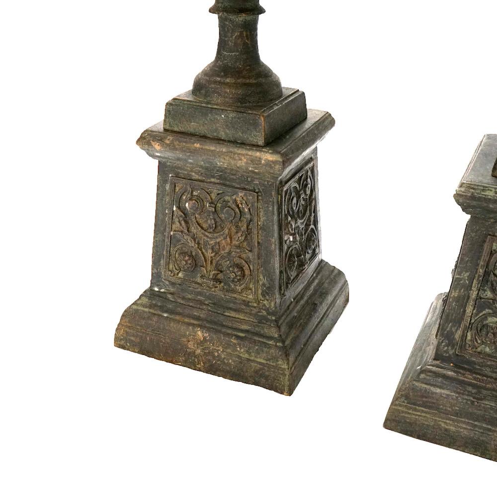 Pair Embossed Cast Iron Classical Double Handled Garden Urns on Plinths, 20th C 2