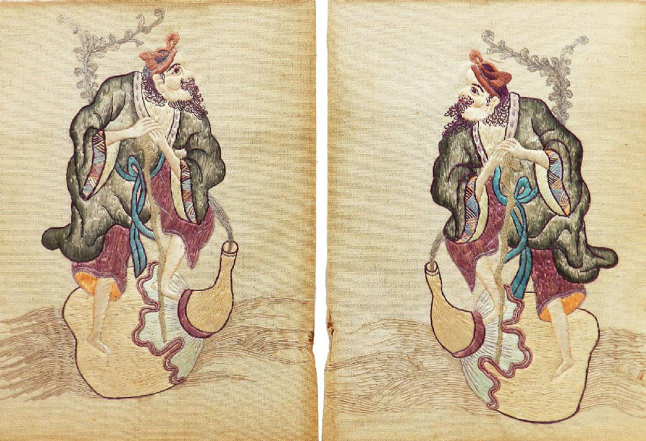 Pair of Embroidered Chinoiserie Panels of a Gentleman Early 20th Century In Good Condition In Mimizan, FR