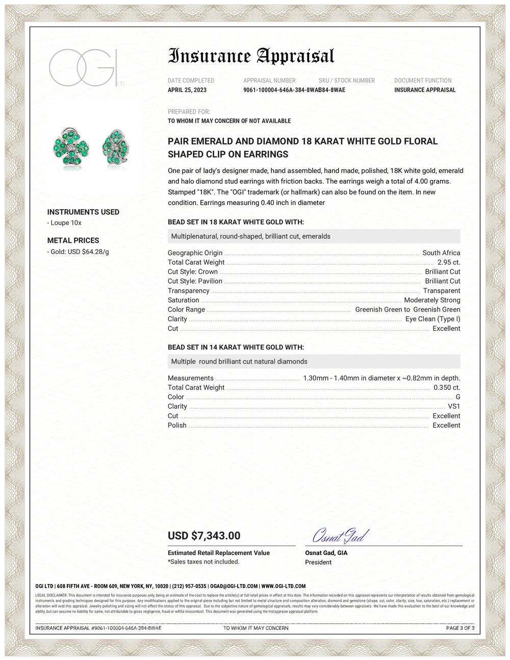 Introducing the exquisite Emerald, weighing 2.95 carat,and Diamond, weighing 0.35 carat, Floral Clip-on Earrings, a true embodiment of luxury and elegance. Crafted with precision and finesse, these earrings are designed to captivate the senses and