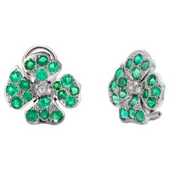 Emerald and Diamond 3.30 Carat 18 Karat Gold Floral 0.85 Inch Clip on Earrings