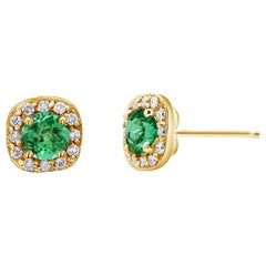 Emeralds and Diamonds 1.05 Carat Yellow Gold Square Shaped Halo Stud Earrings