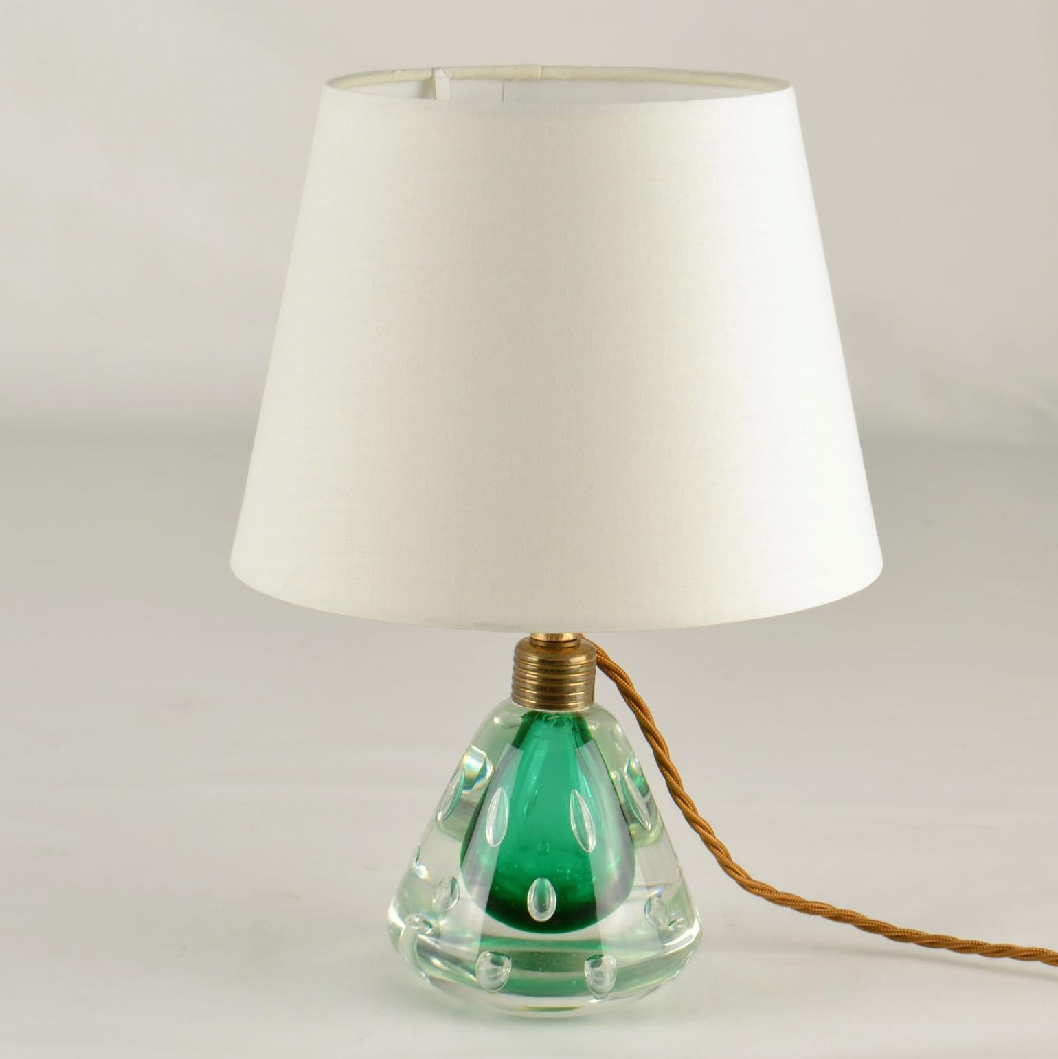 Brass Pair Emerald Green Murano Sommerso Glass Table Lamps by Seguso 1950s