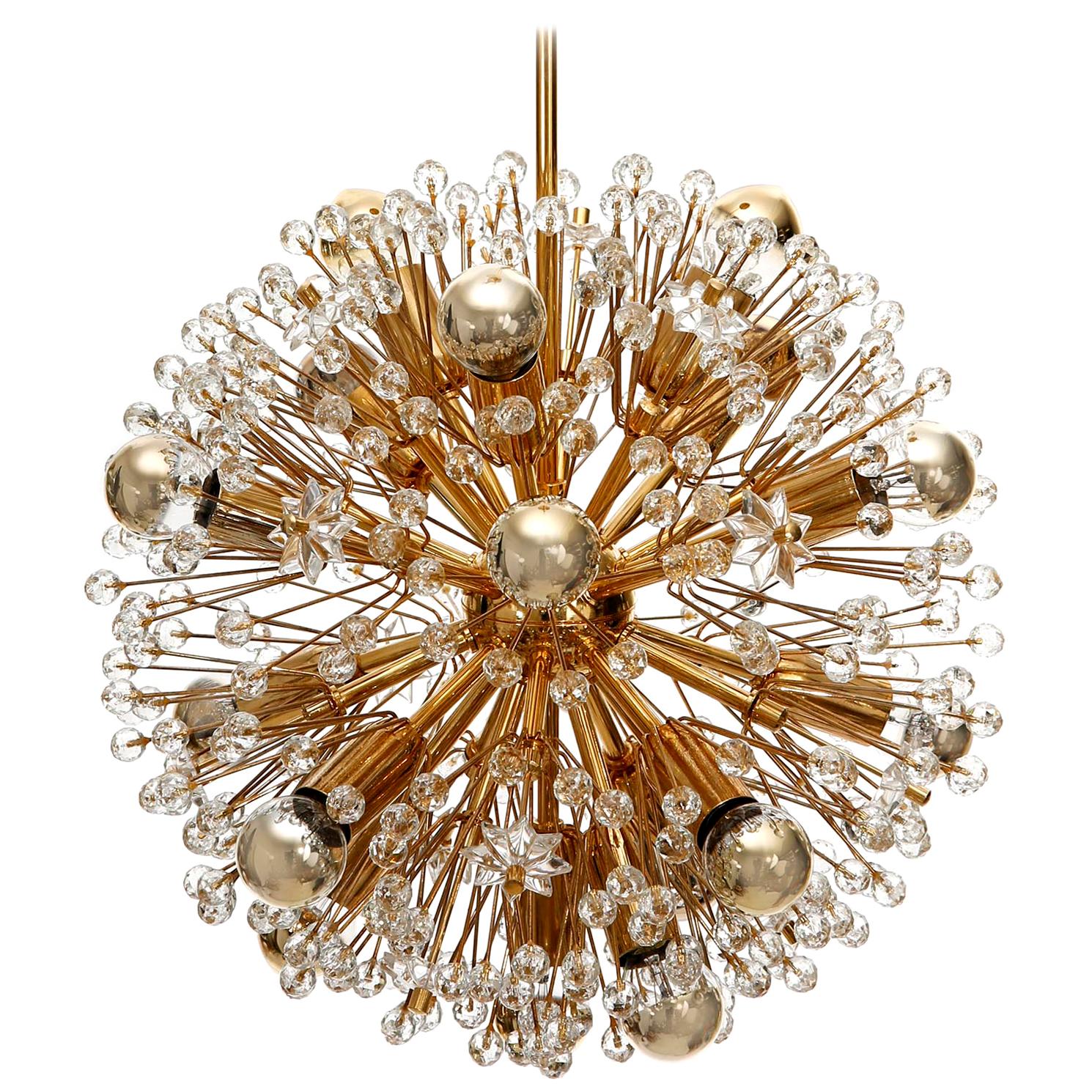 Mid-Century Modern Pair of Emil Stejnar Snowflake Chandeliers Pendant Lights Gilt Brass Glass, 1970