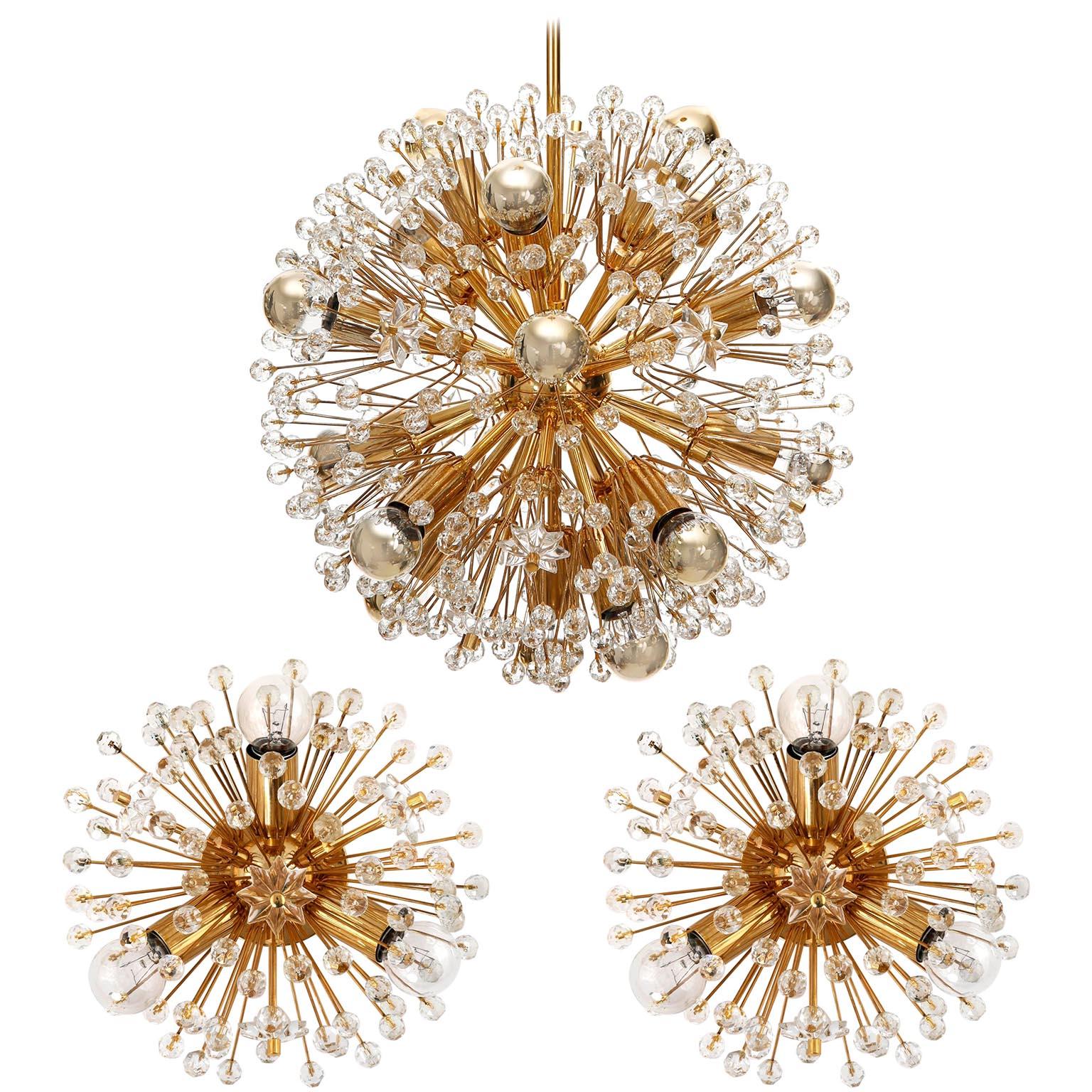 Late 20th Century Pair of Emil Stejnar Snowflake Chandeliers Pendant Lights Gilt Brass Glass, 1970
