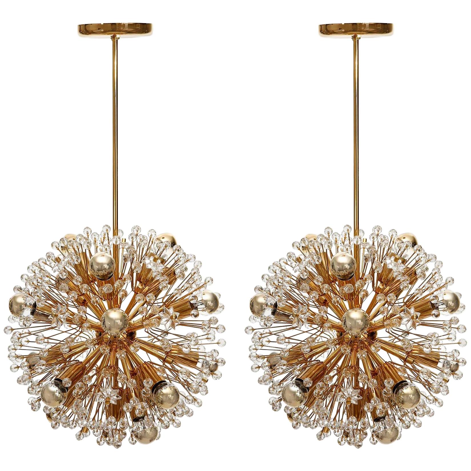 Pair of Emil Stejnar Snowflake Chandeliers Pendant Lights Gilt Brass Glass, 1970