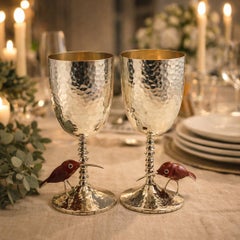 Pair Emilia Castillo Taxco Silver Plate Hummingbird Goblets, Mexican Modernism