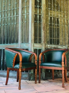 Art Deco Braided Lattice Back Fruitwood Carved Armchairs