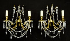 Pair Empire 2 Arm Brass Crystal Candelabra Wall Sconces