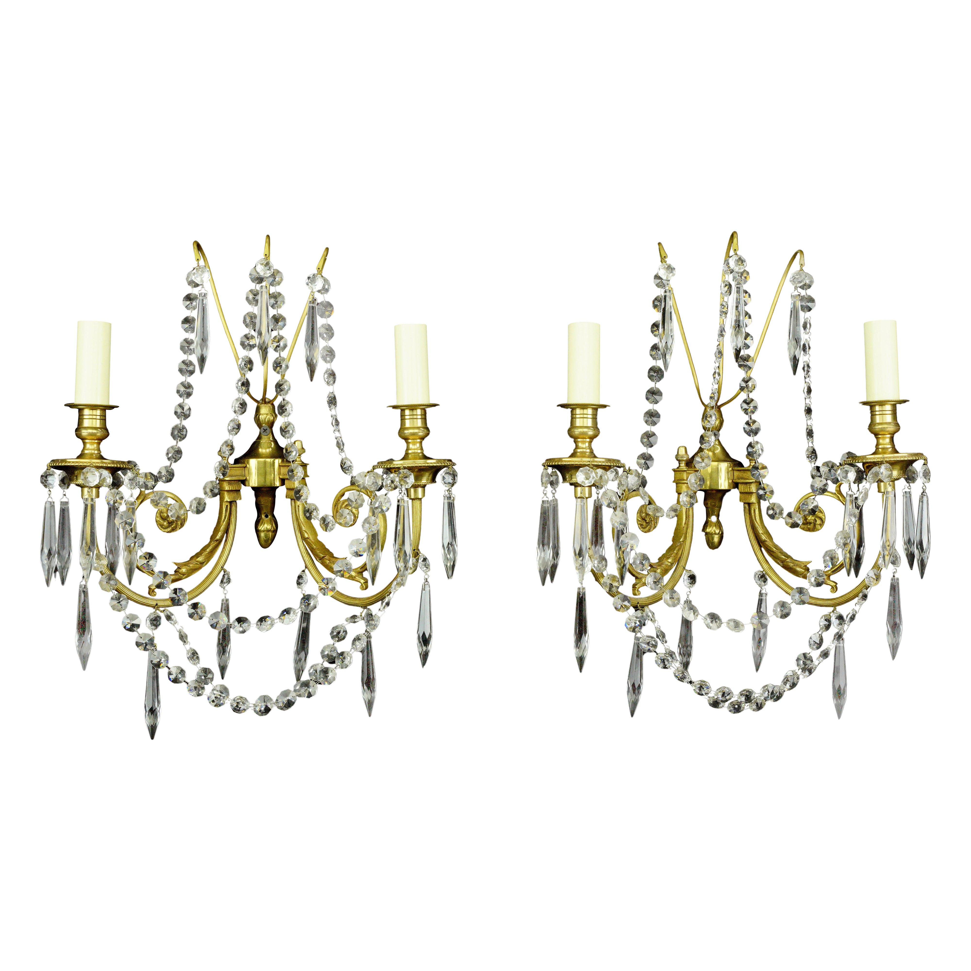 Pair Empire 2 Arm Brass Crystal Candelabra Wall Sconces