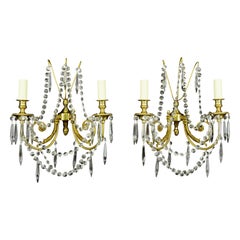 Pair Empire 2 Arm Brass Crystal Candelabra Wall Sconces