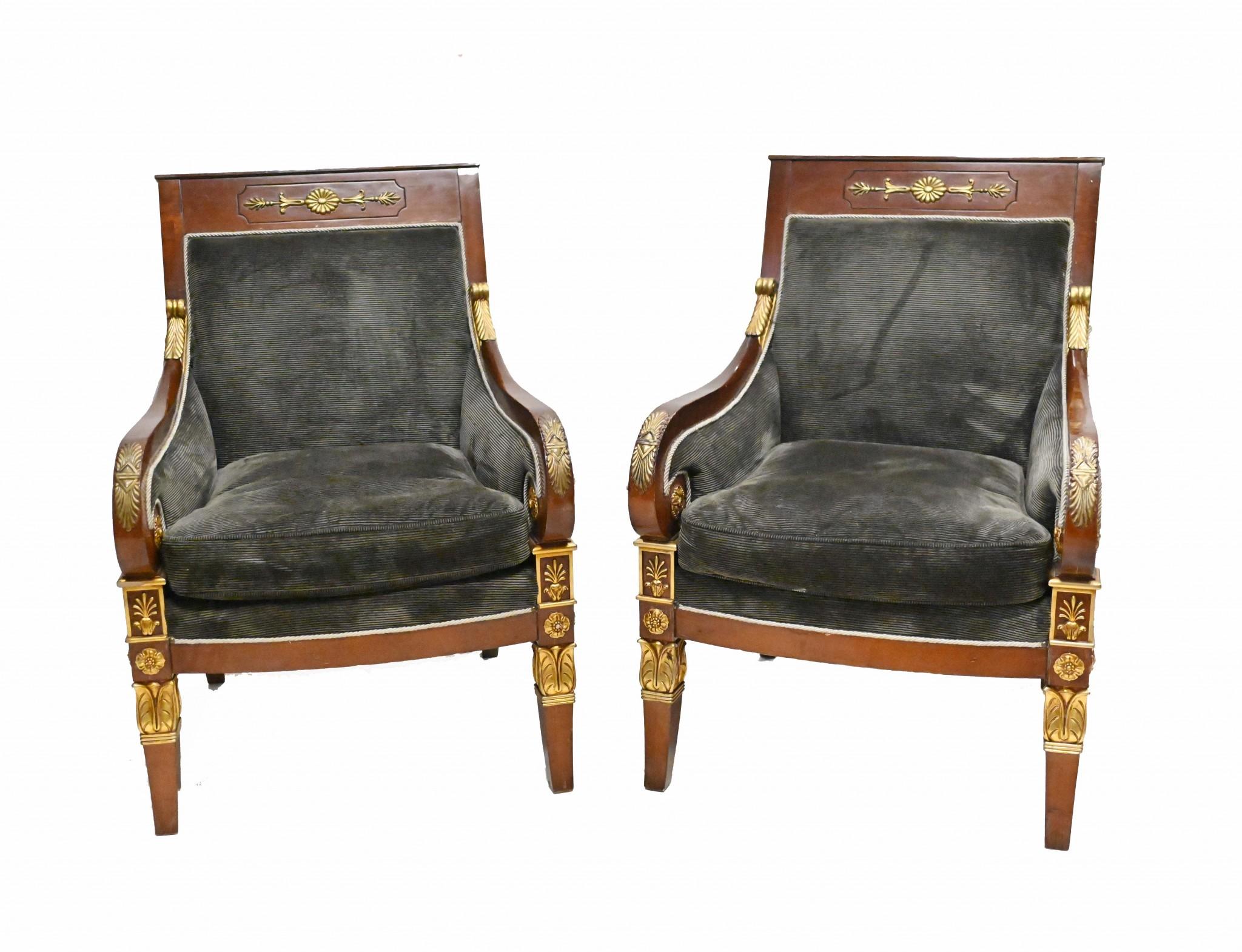Classic pair of high Empire French arm chairs
Very sturdy and comfortable to sit in
Classic Empire motifs carved and finished in gilt including acanthus leaves and rosettes
Bought from a dealer on Marche Biron at Paris antiques markets Circa