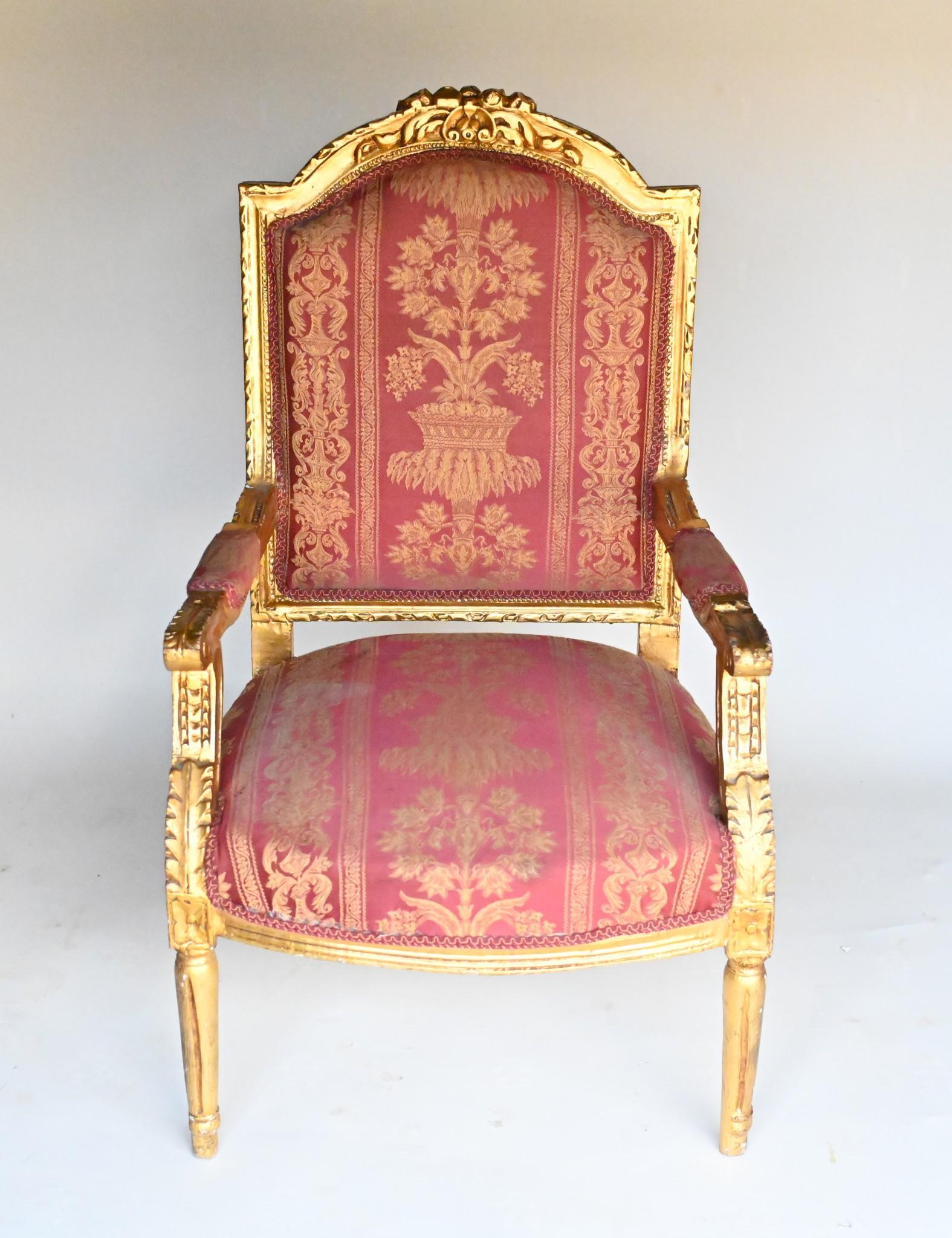 Early 20th Century Pair Empire Arm Chairs Gilt Salon Fauteuils For Sale