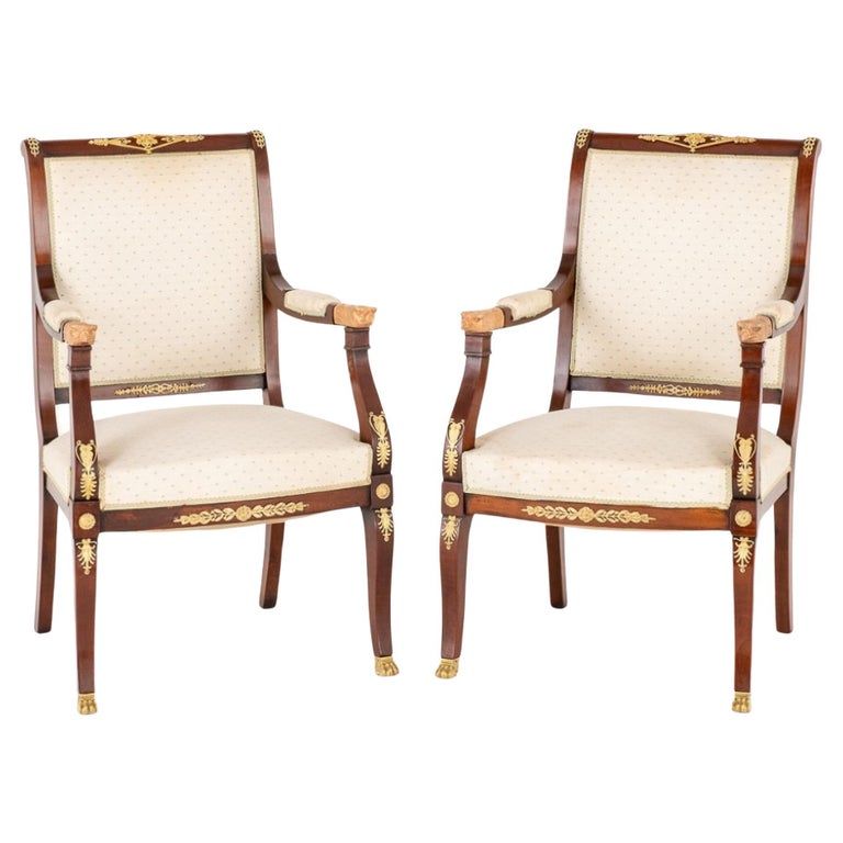 Ensemble De 4 Fauteuils Et 2 Chaises Style Empire/Restauration - Vert - Tissu Et Acajou