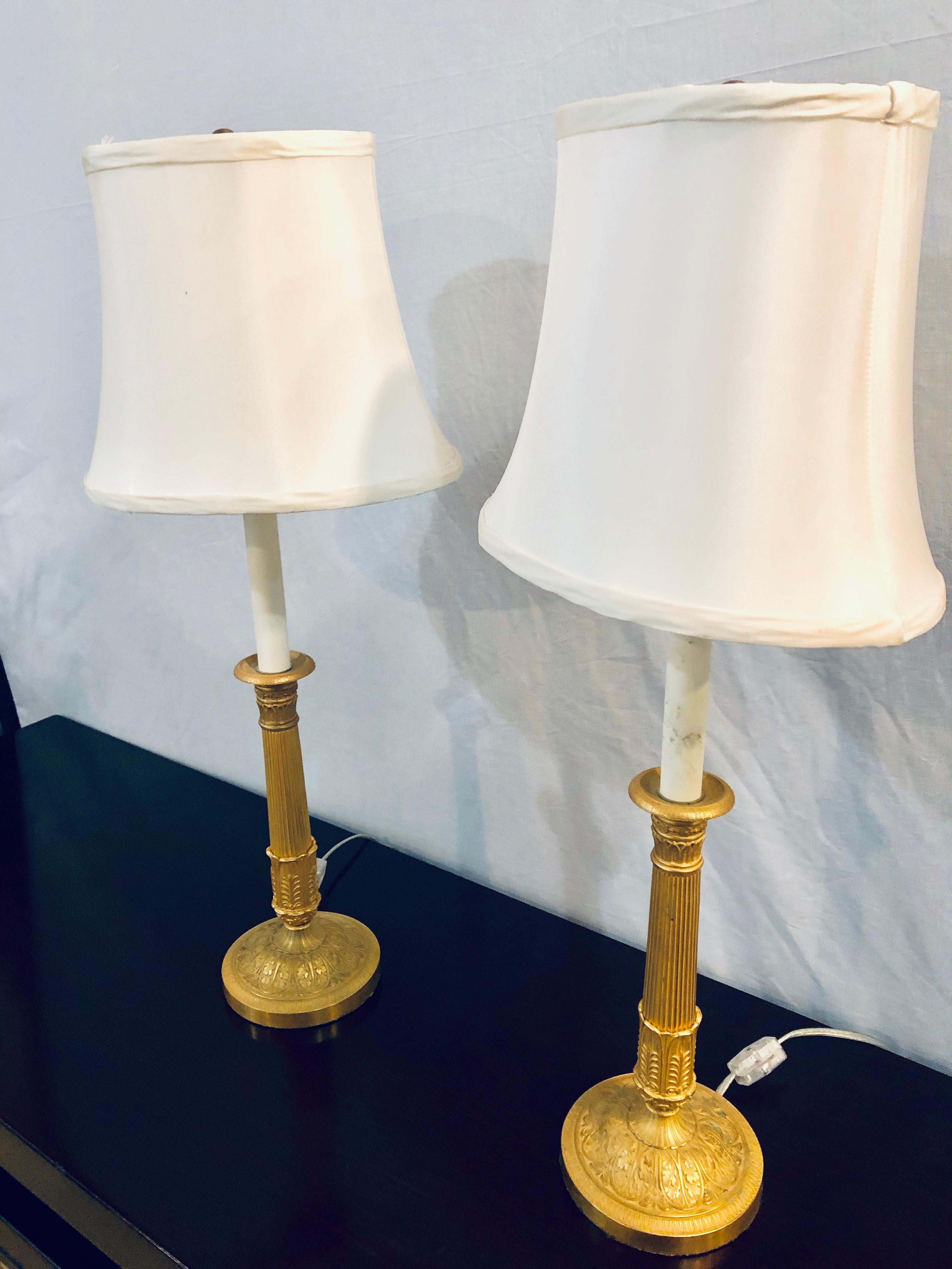 French Pair of Empire Bronze Candleprick 19th Century Table Lamps with Custom Shades