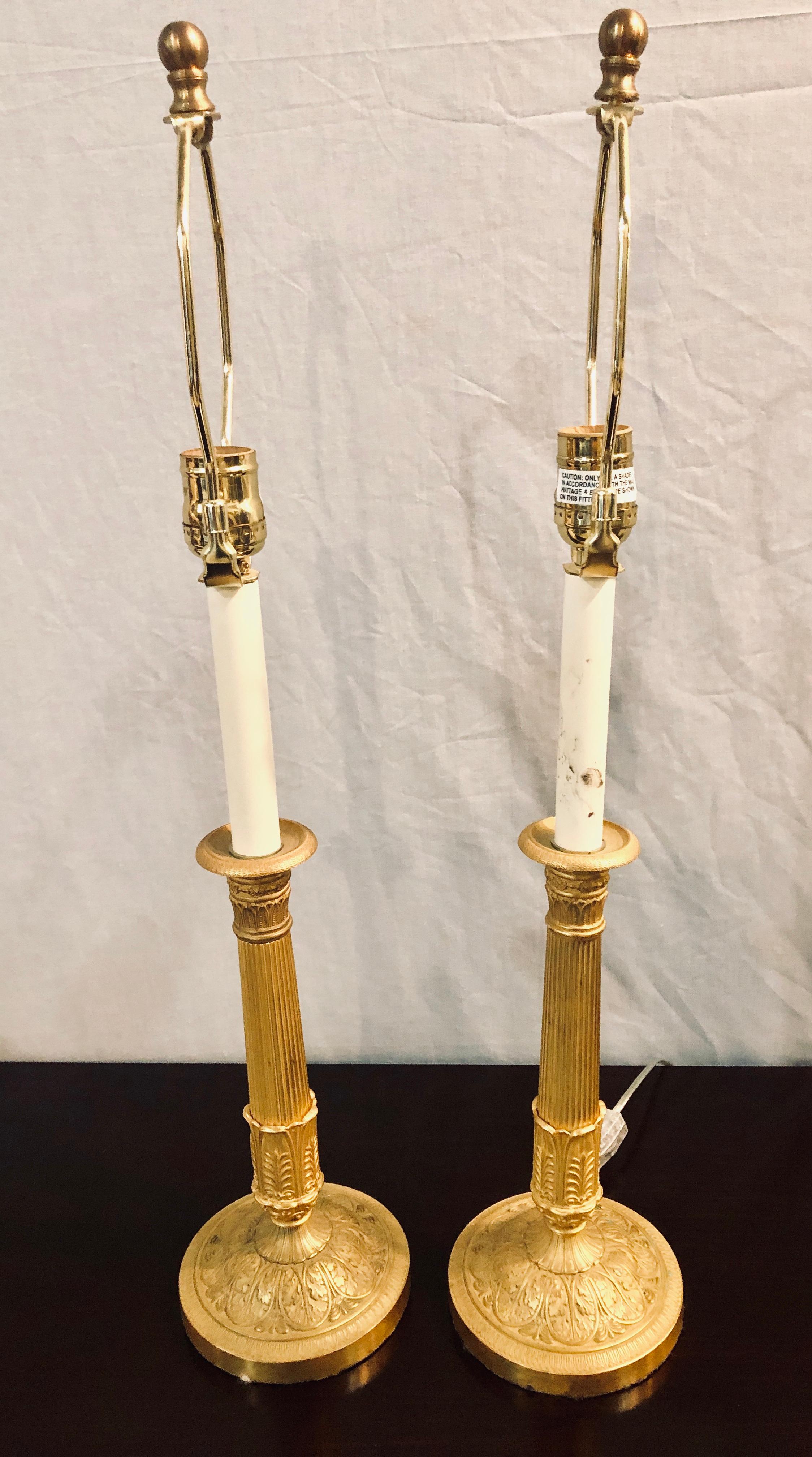 Pair of Empire Bronze Candleprick 19th Century Table Lamps with Custom Shades In Good Condition In Stamford, CT