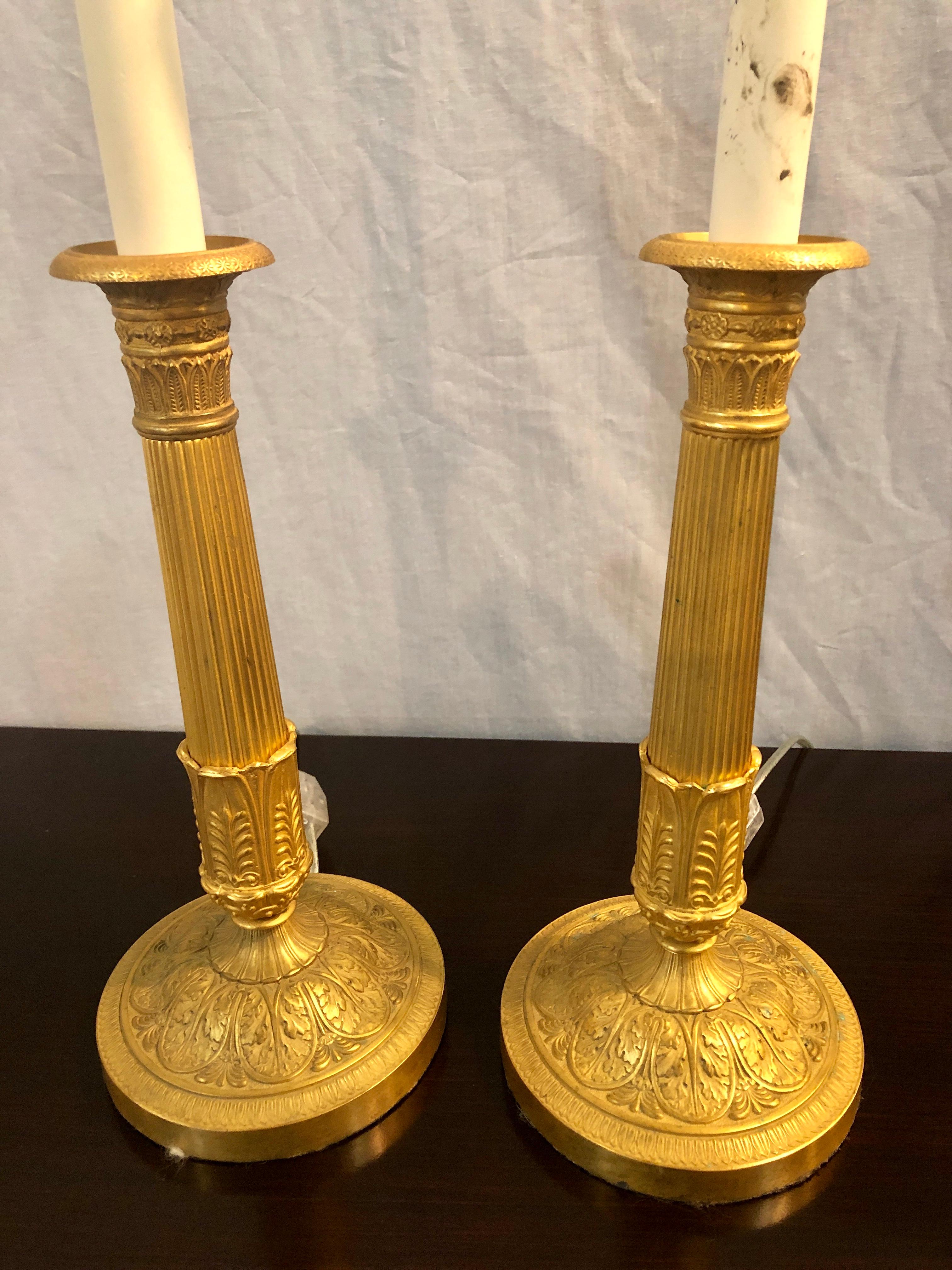Early 20th Century Pair of Empire Bronze Candleprick 19th Century Table Lamps with Custom Shades