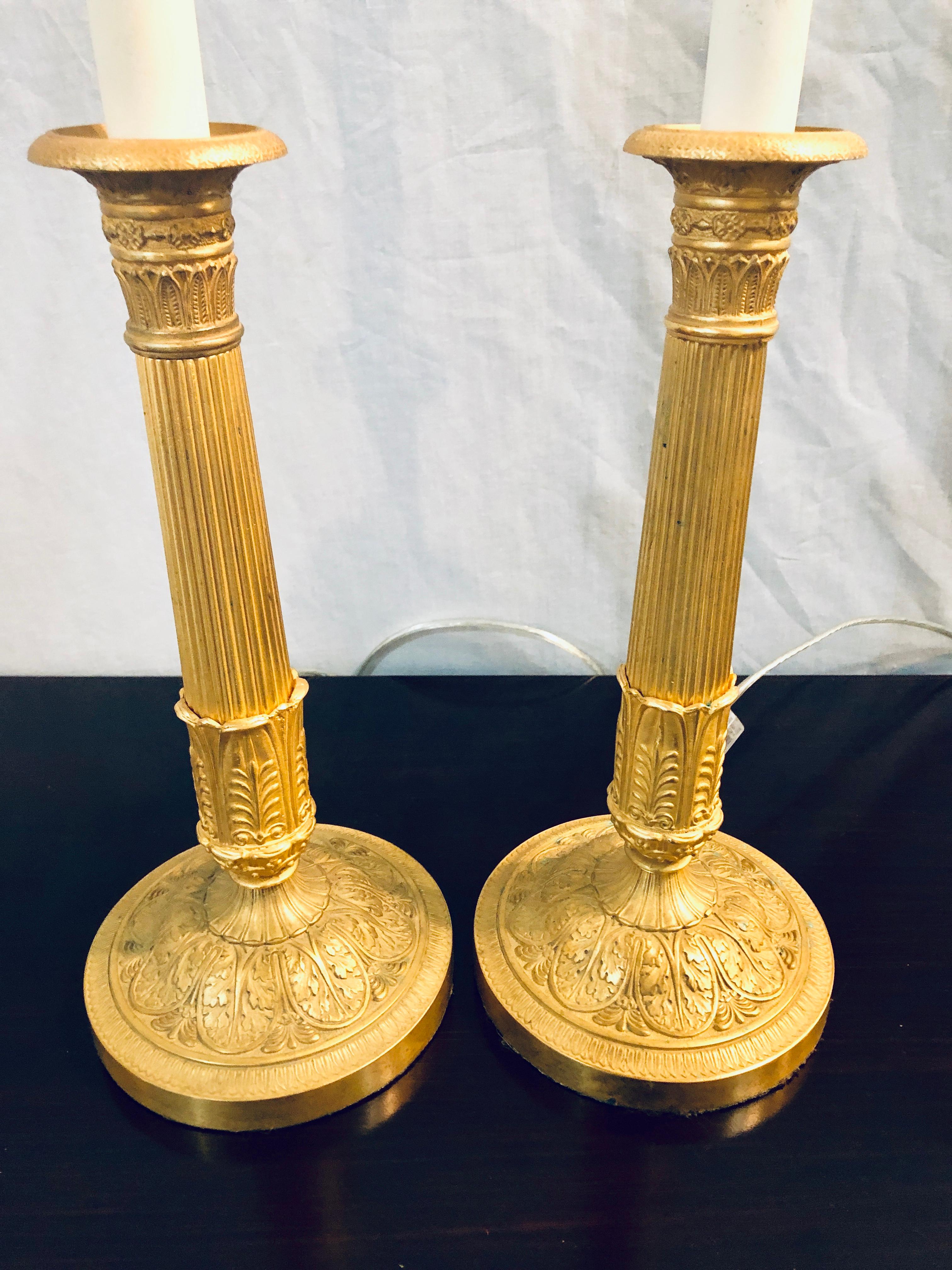 Pair of Empire Bronze Candleprick 19th Century Table Lamps with Custom Shades 1