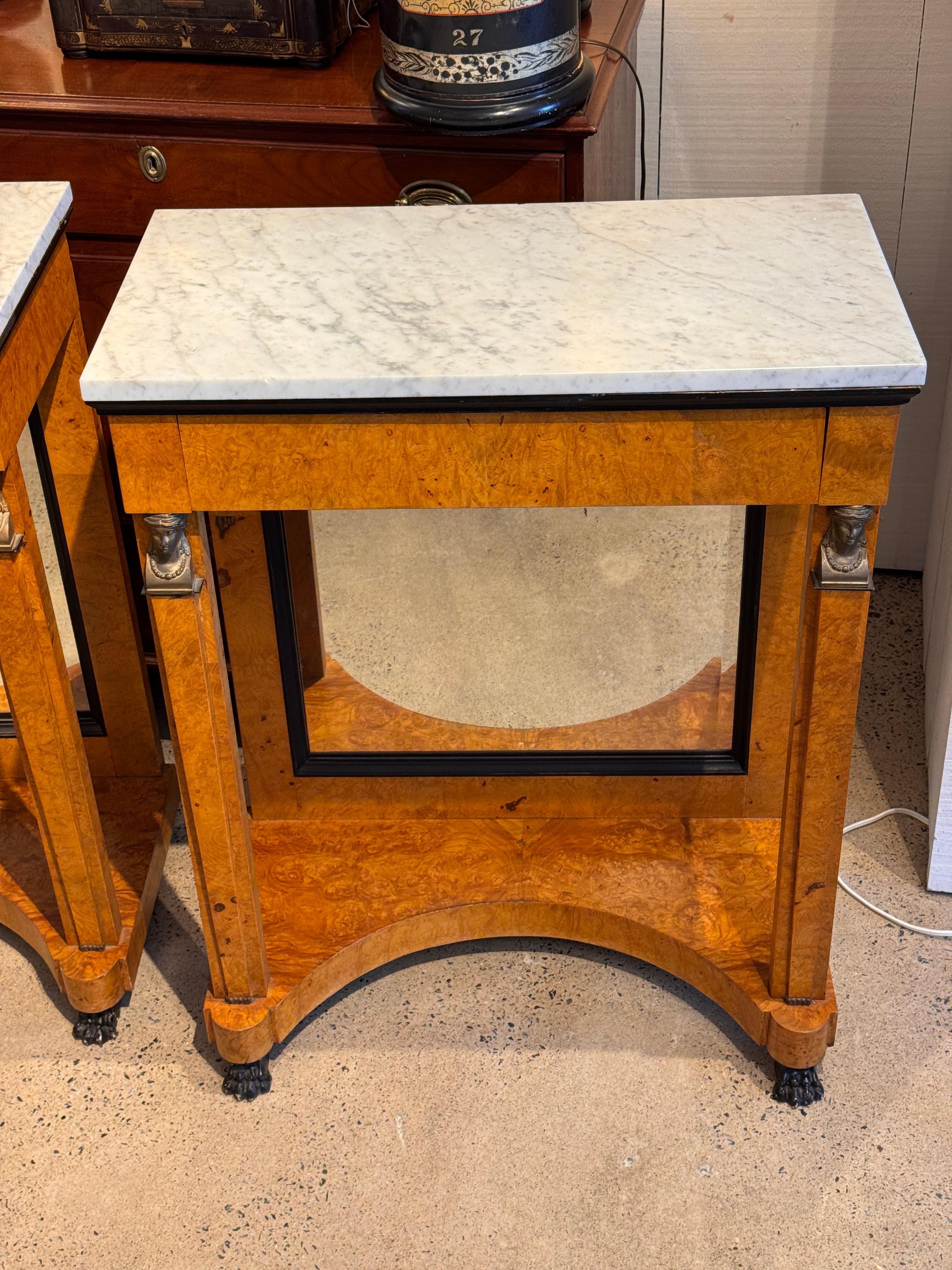 Pair Empire Consoles With Burlwood and Marble Tops For Sale 4