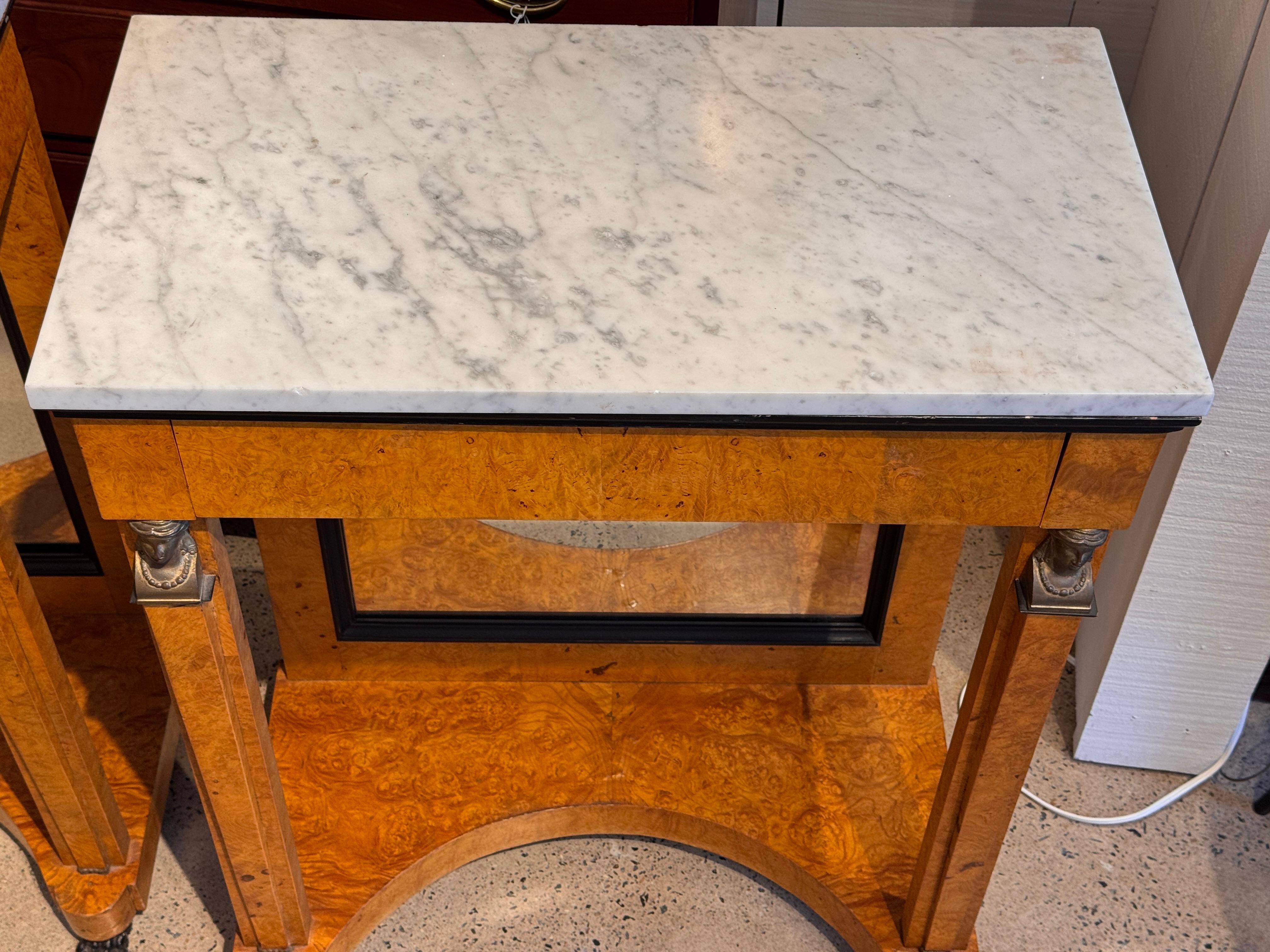 Pair Empire Consoles With Burlwood and Marble Tops For Sale 5