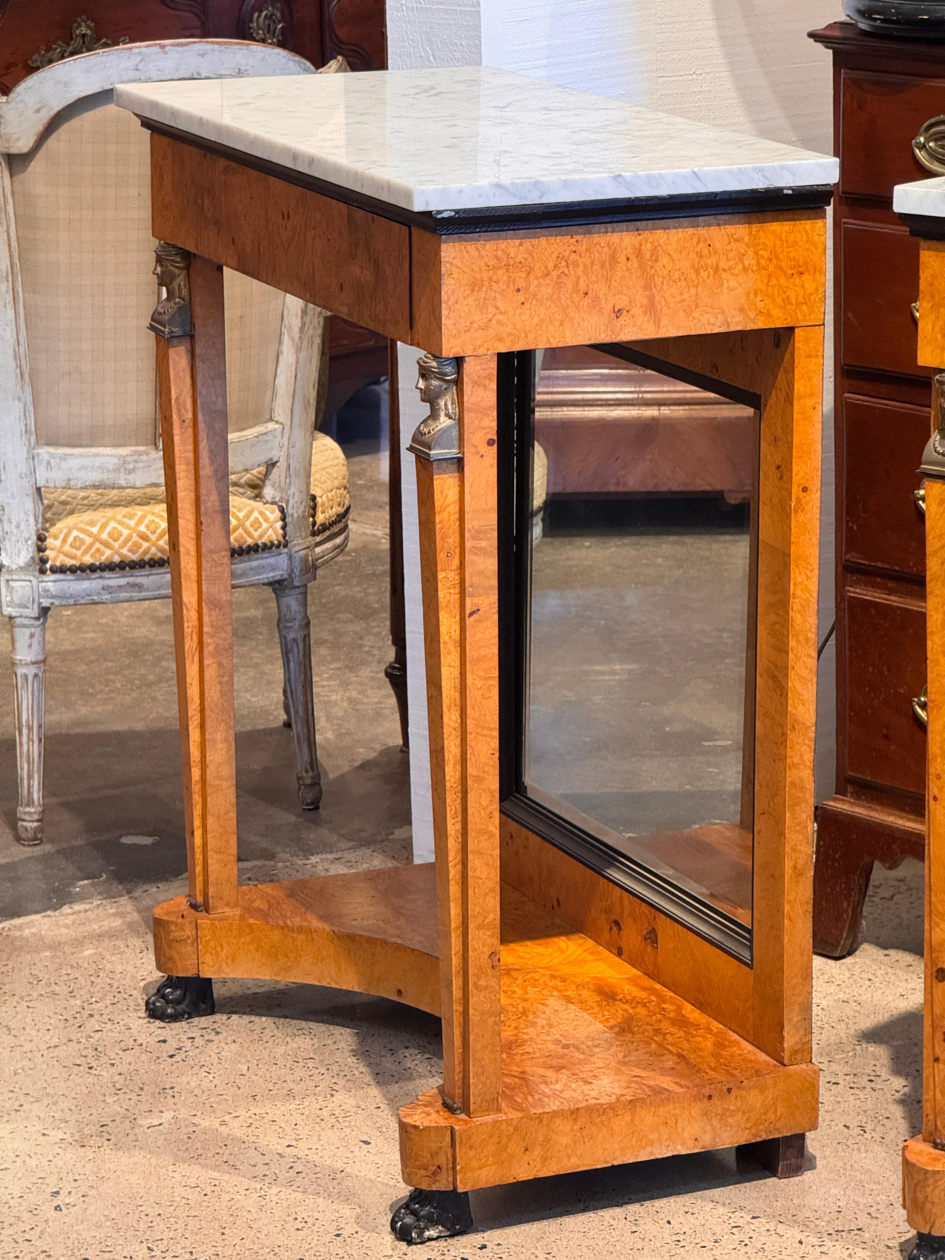 Pair Empire Consoles With Burlwood and Marble Tops For Sale 6
