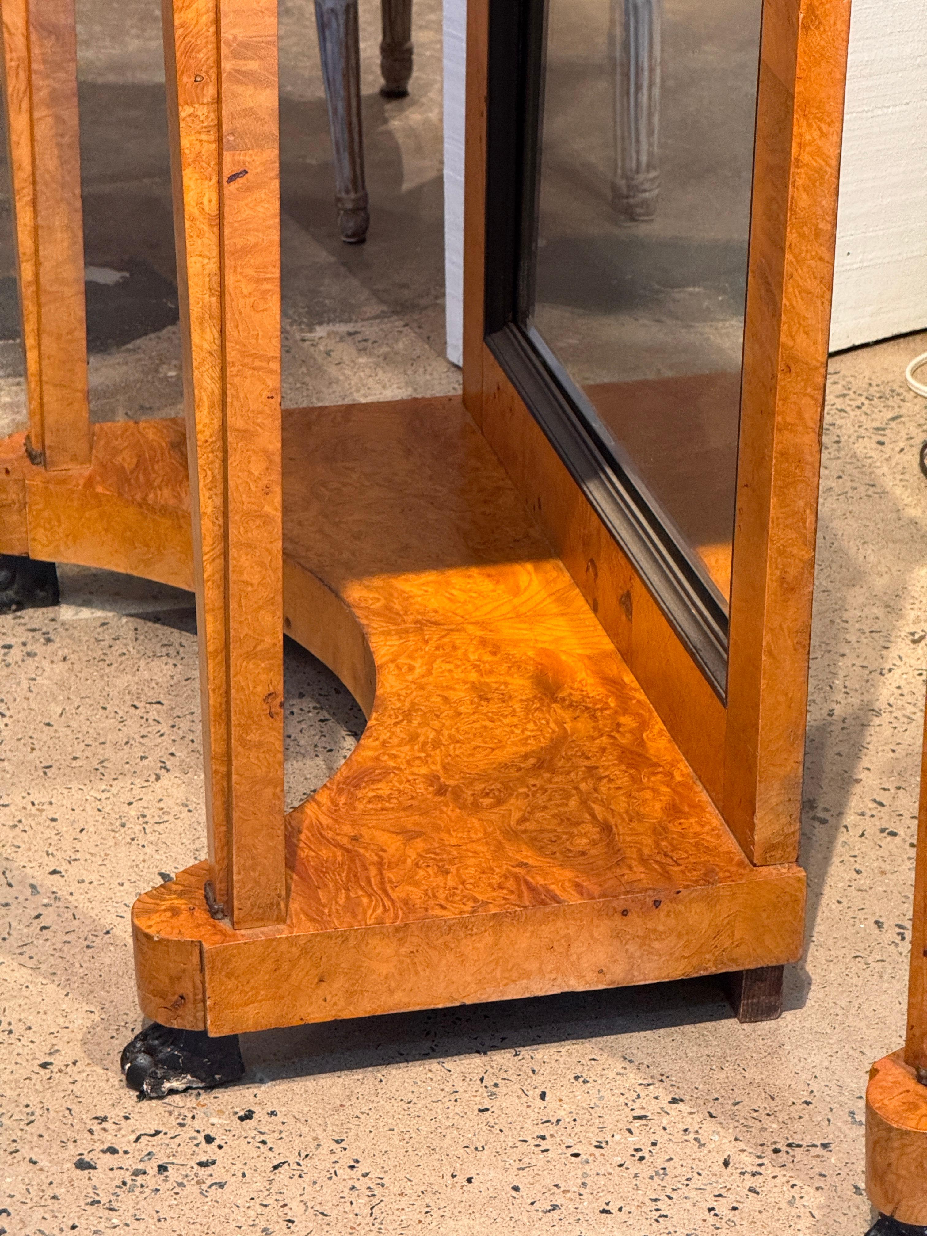 Pair Empire Consoles With Burlwood and Marble Tops For Sale 7