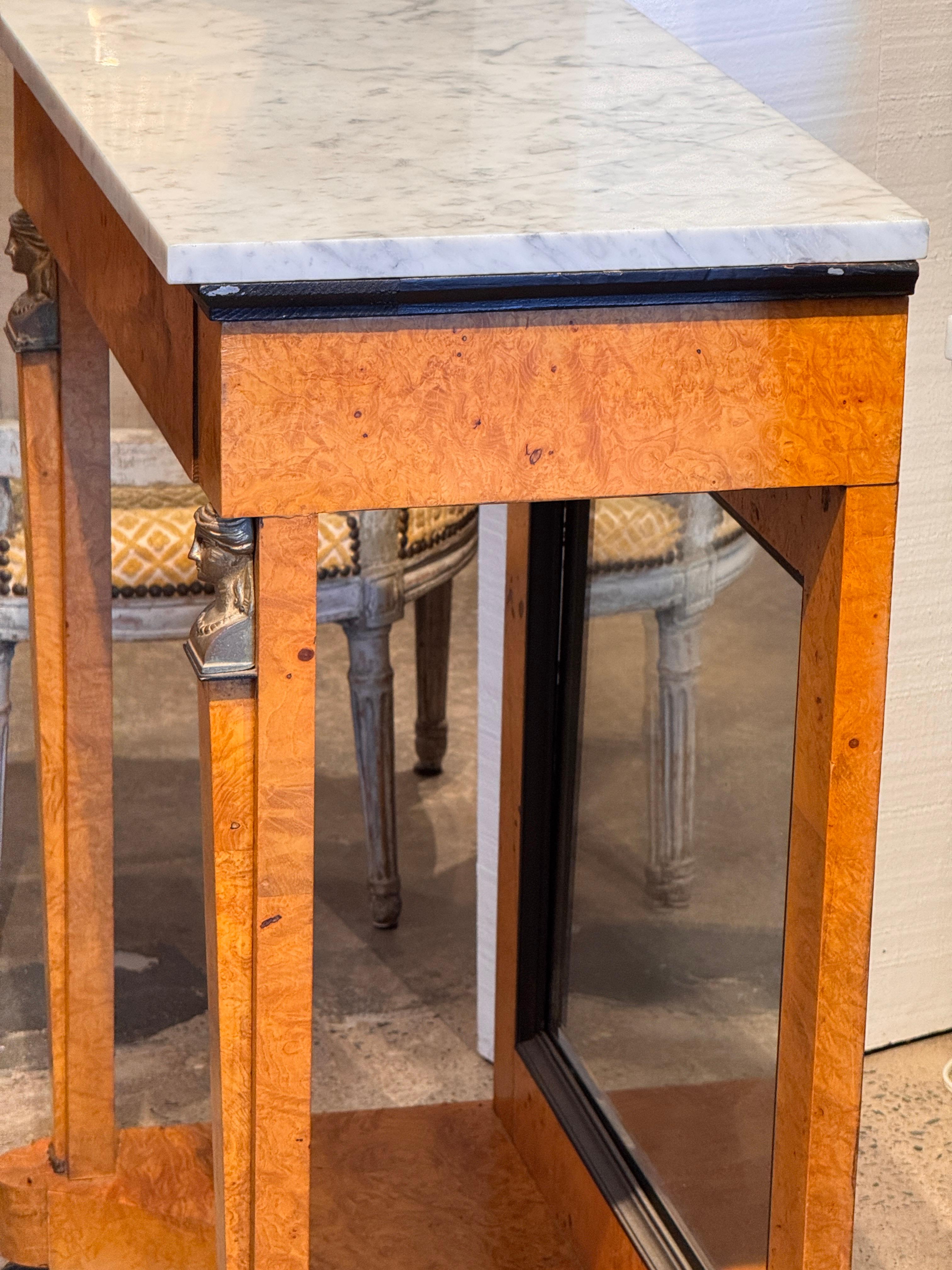 Pair Empire Consoles With Burlwood and Marble Tops For Sale 8