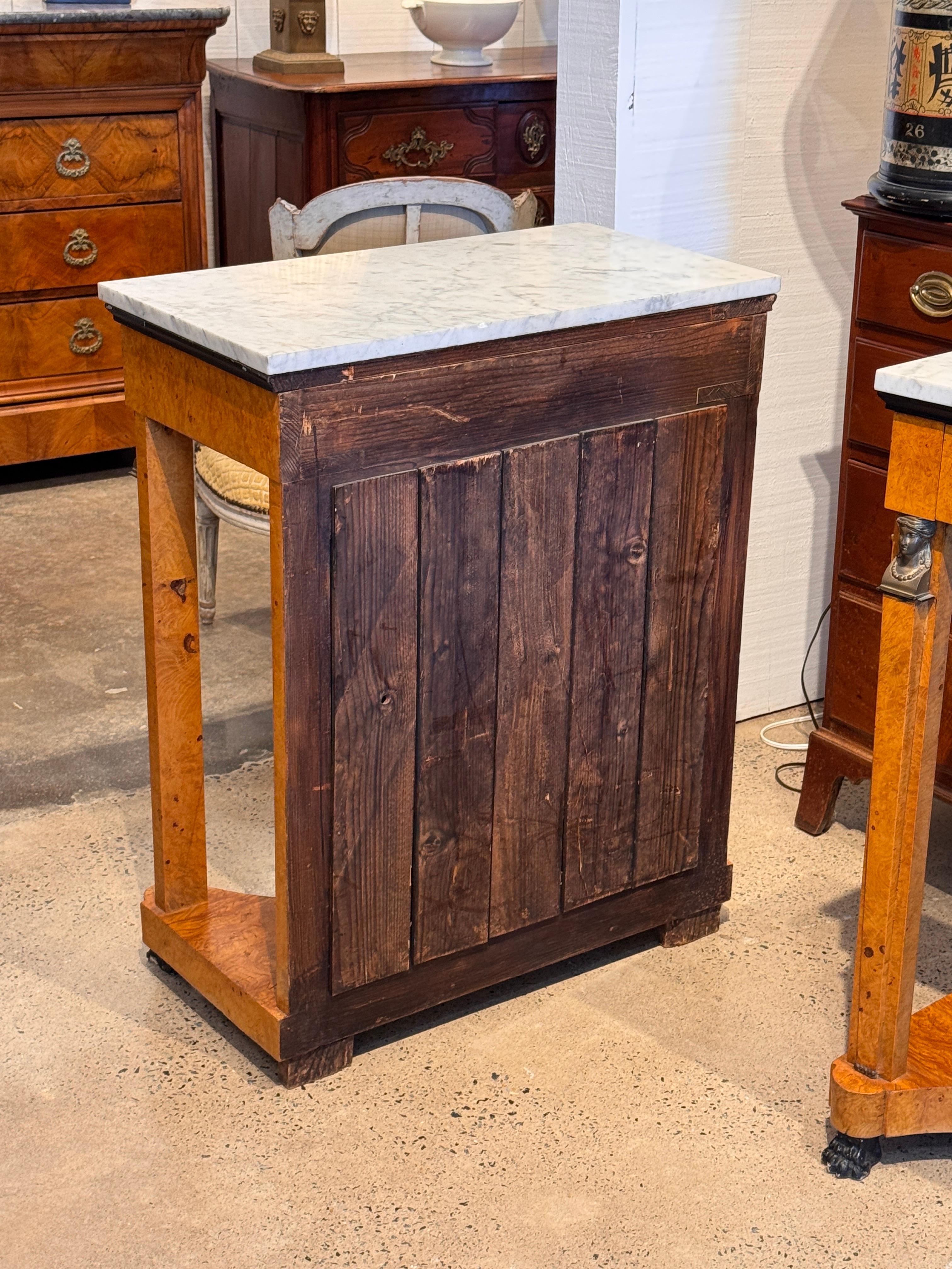 Pair Empire Consoles With Burlwood and Marble Tops For Sale 9