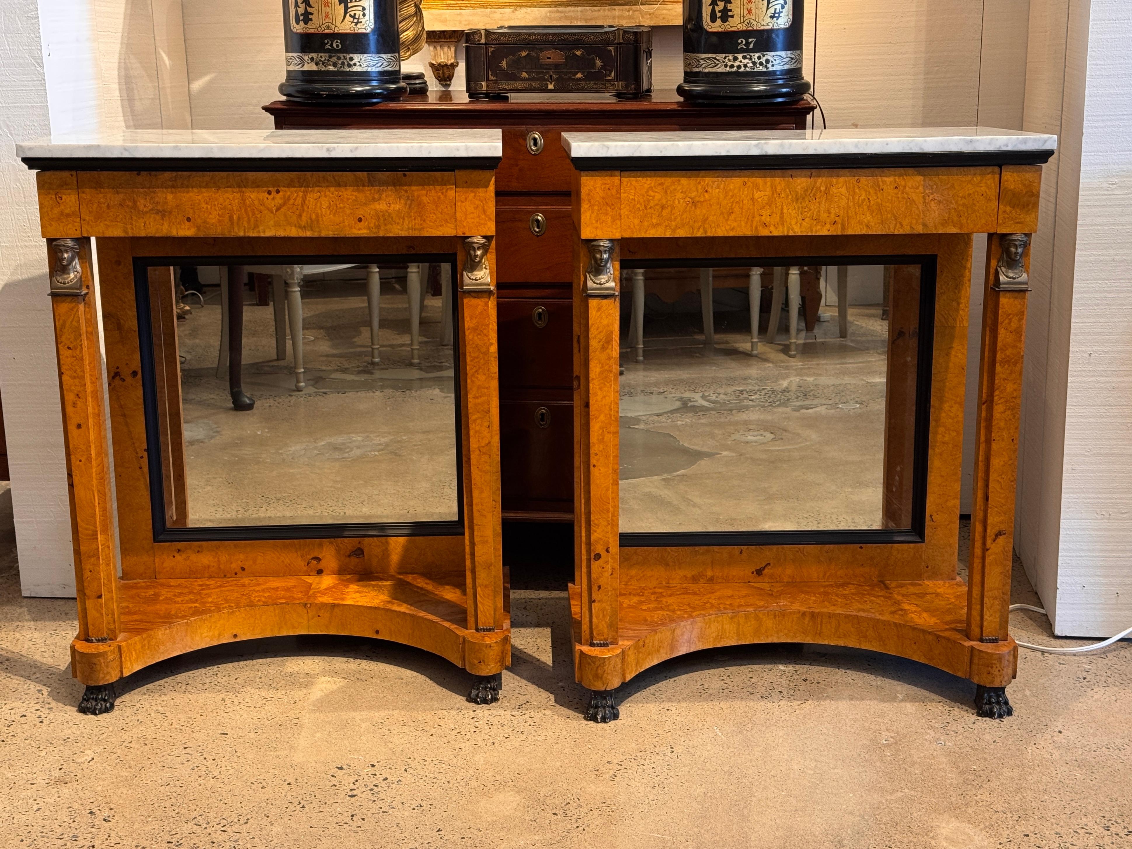 French Pair Empire Consoles With Burlwood and Marble Tops For Sale