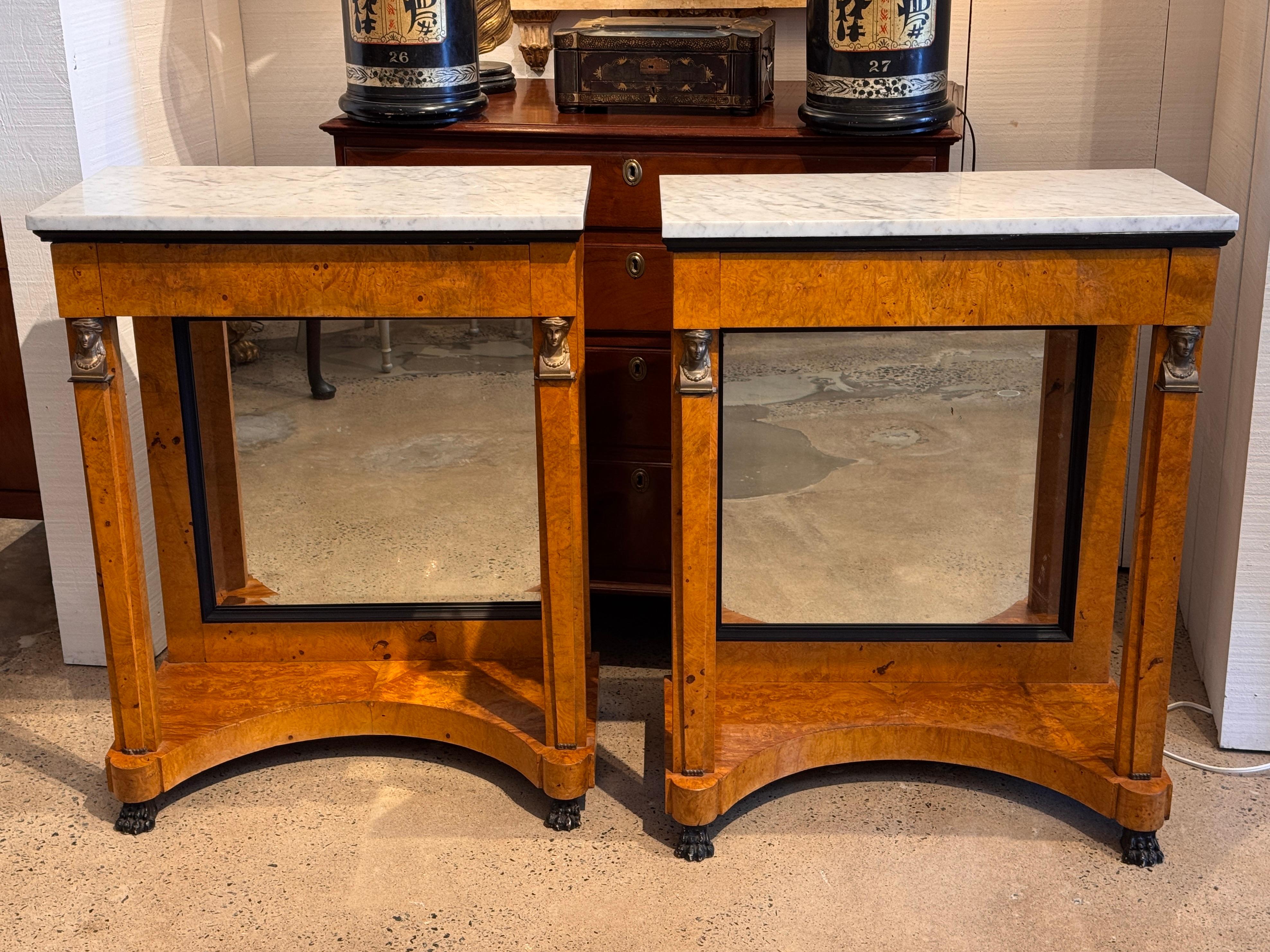 Pair Empire Consoles With Burlwood and Marble Tops In Good Condition For Sale In Charlottesville, VA